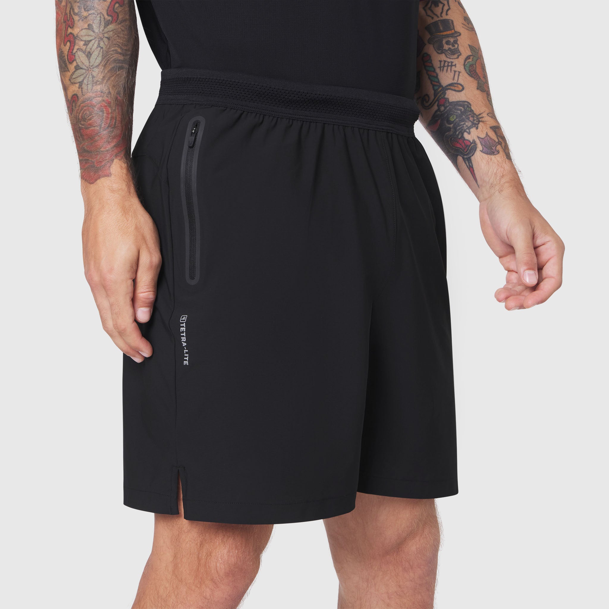 Black TETRA-LITE® 7" Linerless Training Short on model, side view