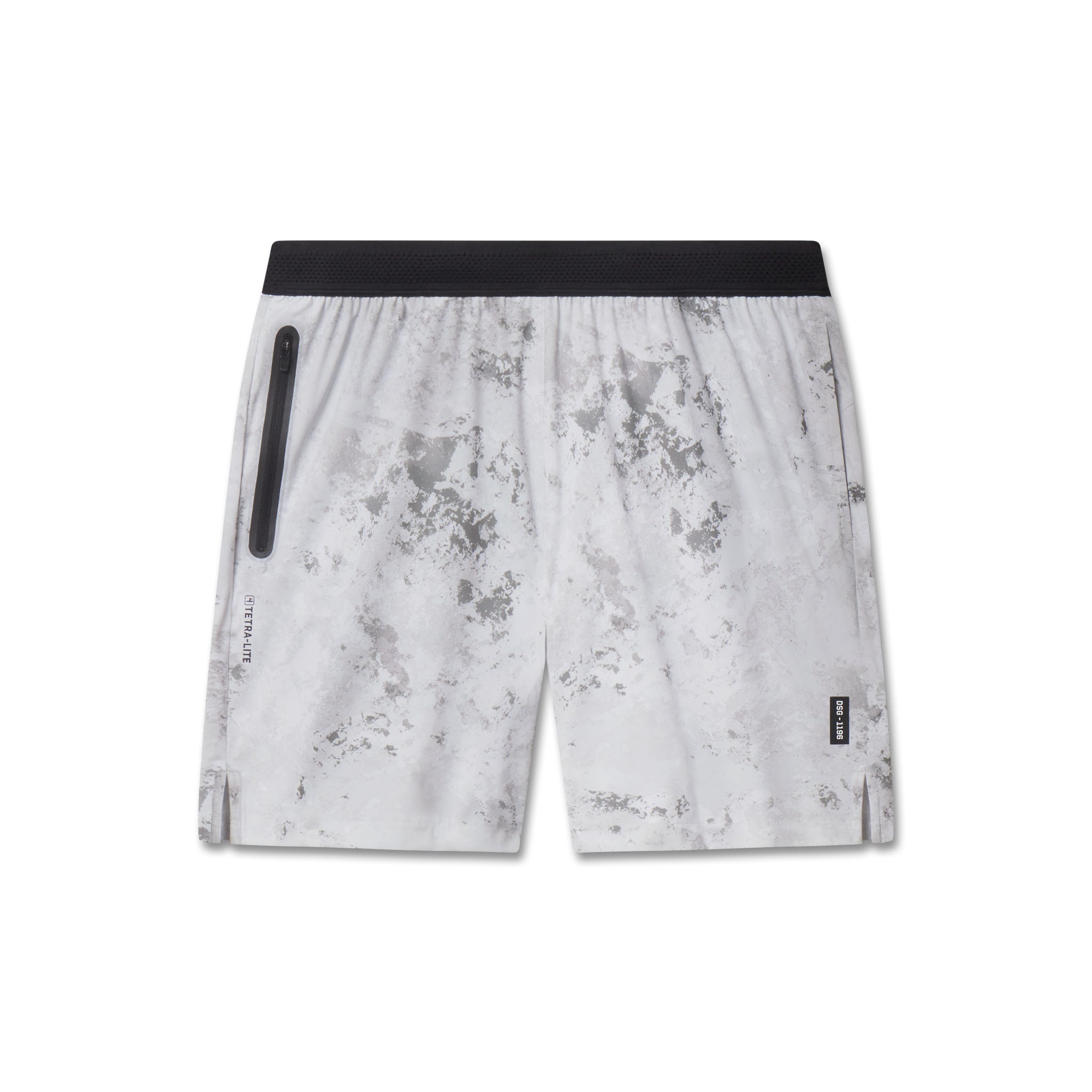 flatlay TETRA-LITE 7" Linerless Training Short in Sedona Snow Camo, front view