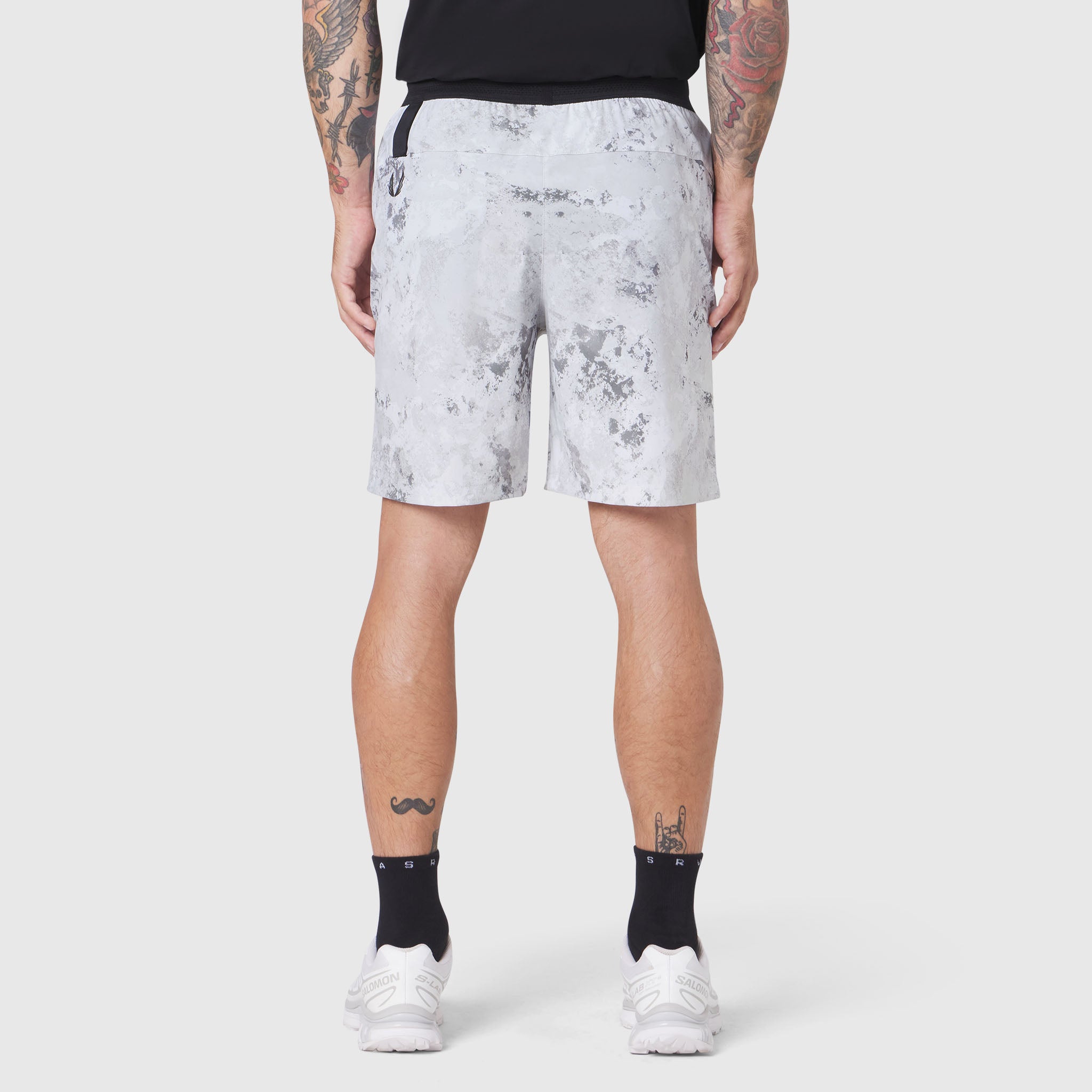 Tetra-Lite 7" Linerless Training Short in Sedona Snow Camo worn by model, back view