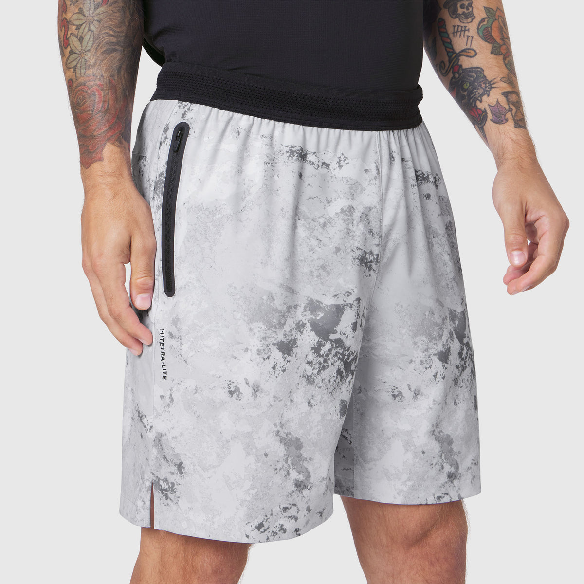 TETRA-LITE 7" Linerless Training Short in Sedona Snow Camo worn by model, front view
