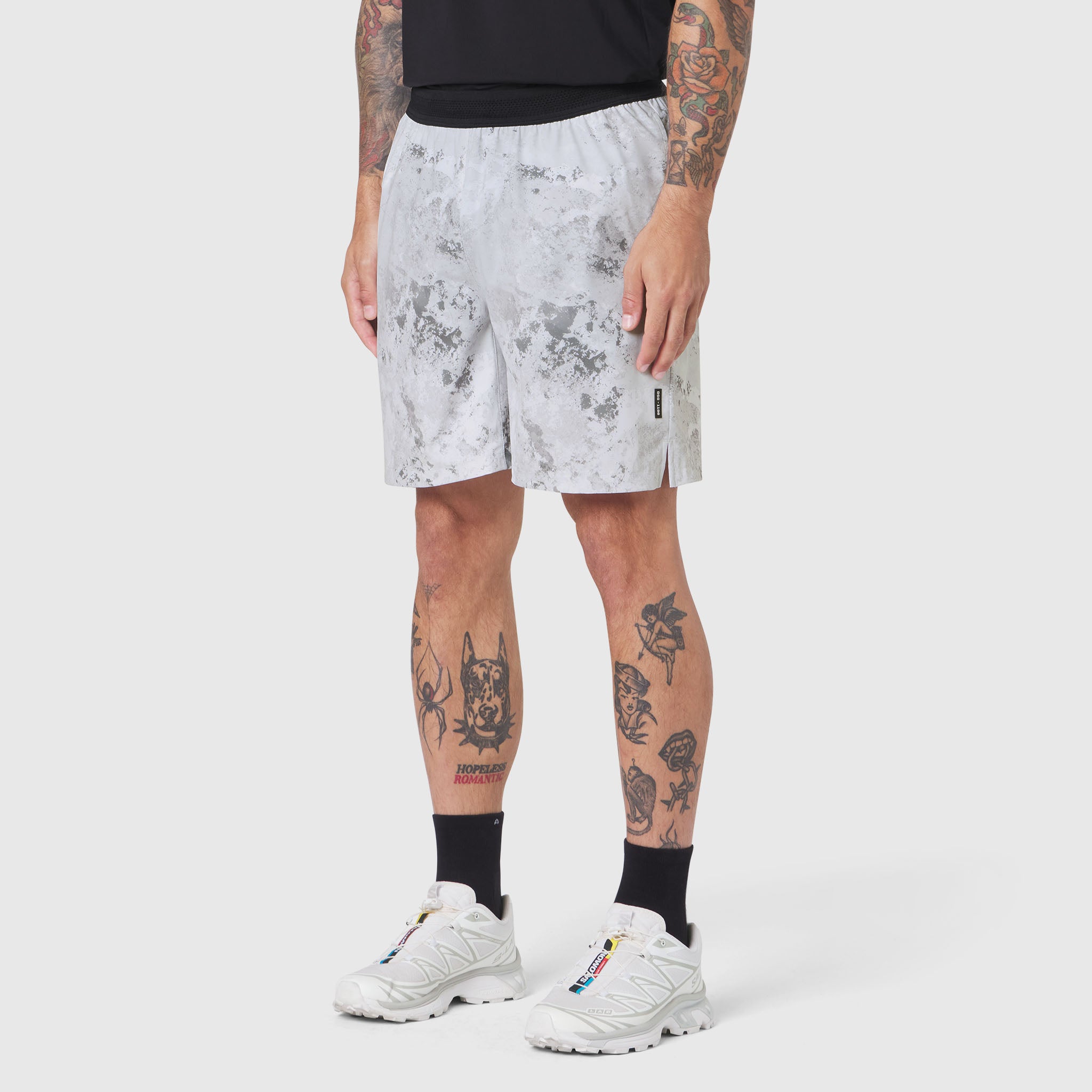 TETRA-LITE 7" Linerless Training Short in Sedona Snow Camo worn by model, front view
