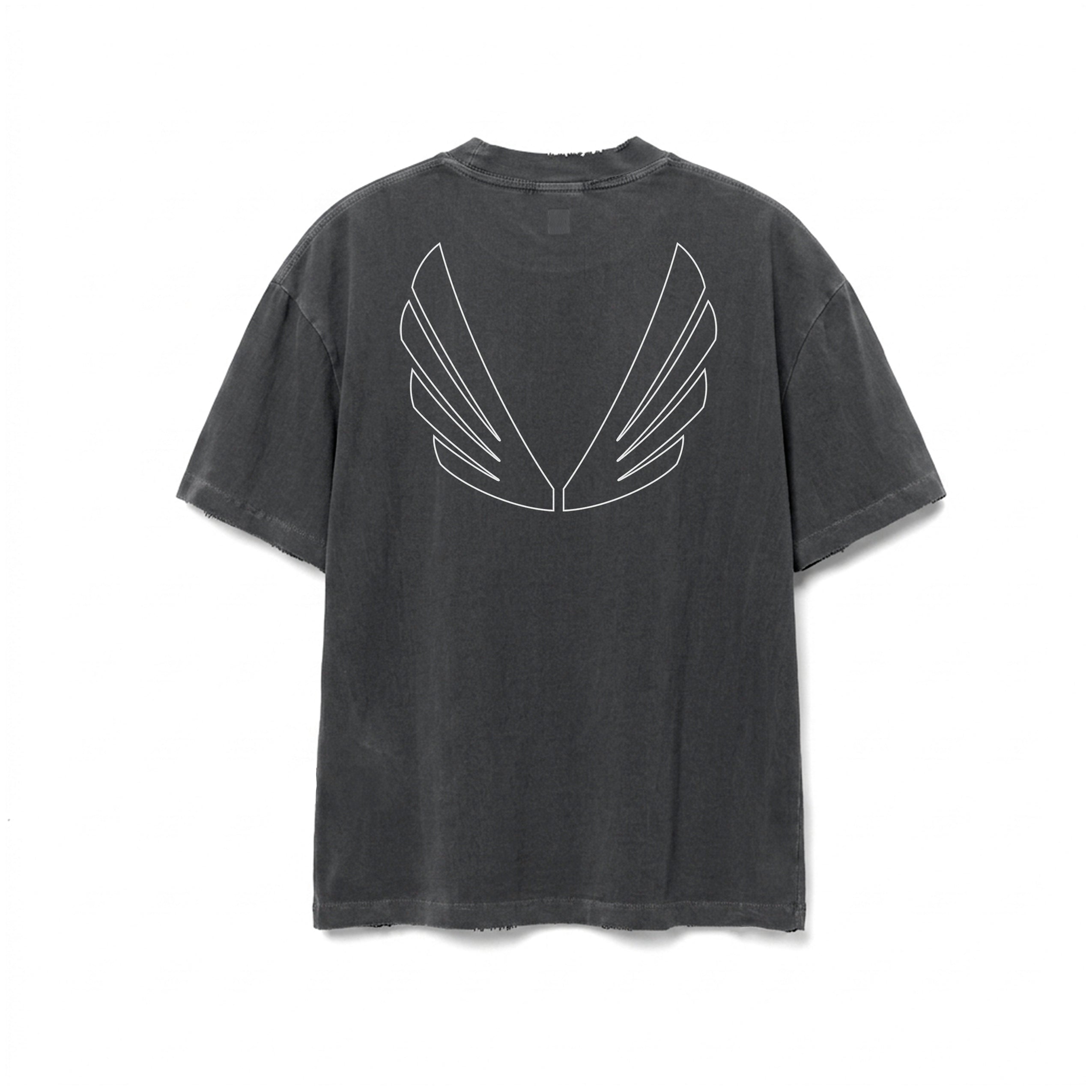 back view Tech Essential Oversized Boxy Tee Faded Grey with outline wing graphic print