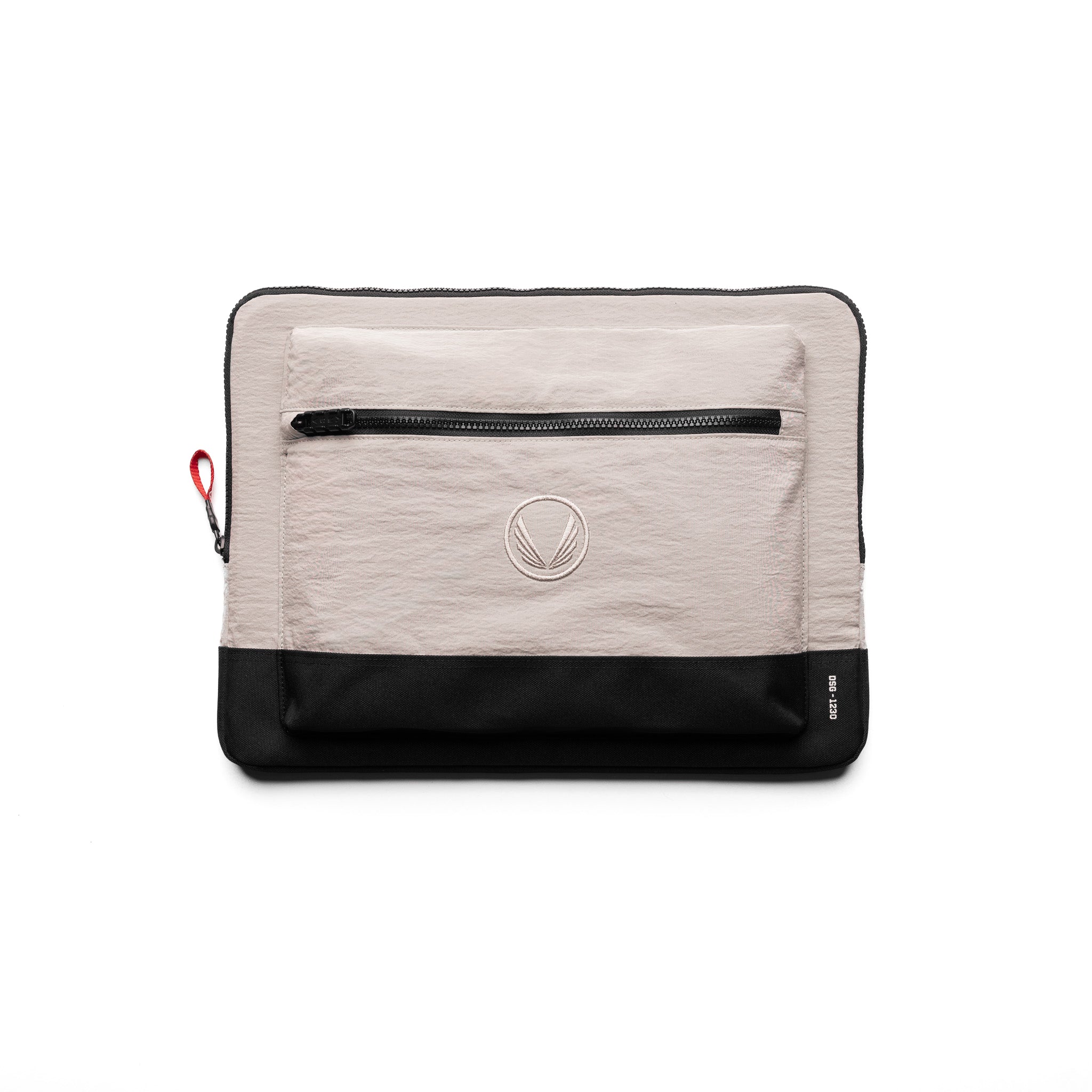 flatlay of Ripstop Laptop Bag in chai and black, front view showing zipper pocket and logo