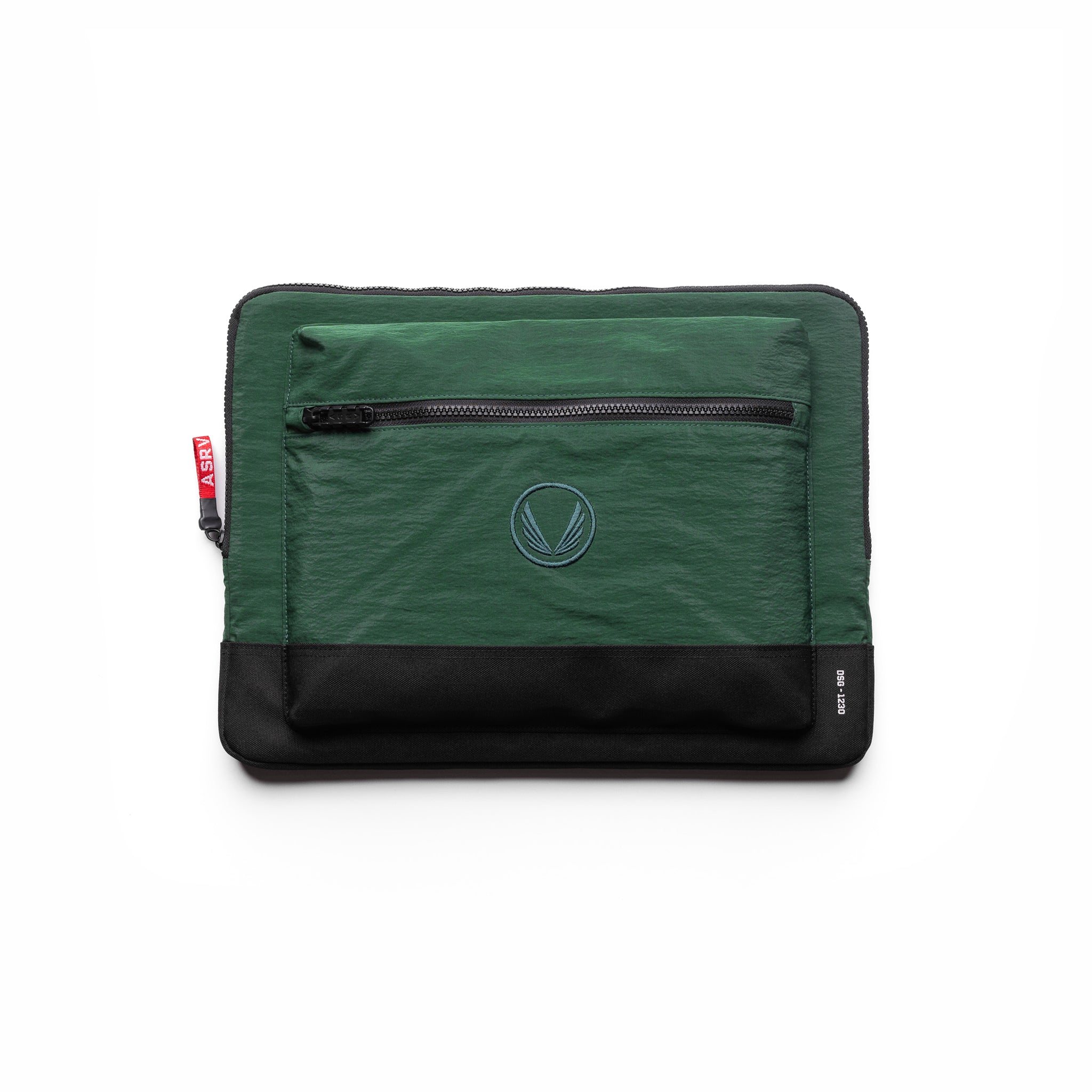 flatlay 1230 Ripstop Laptop Bag in forest green and black, front view