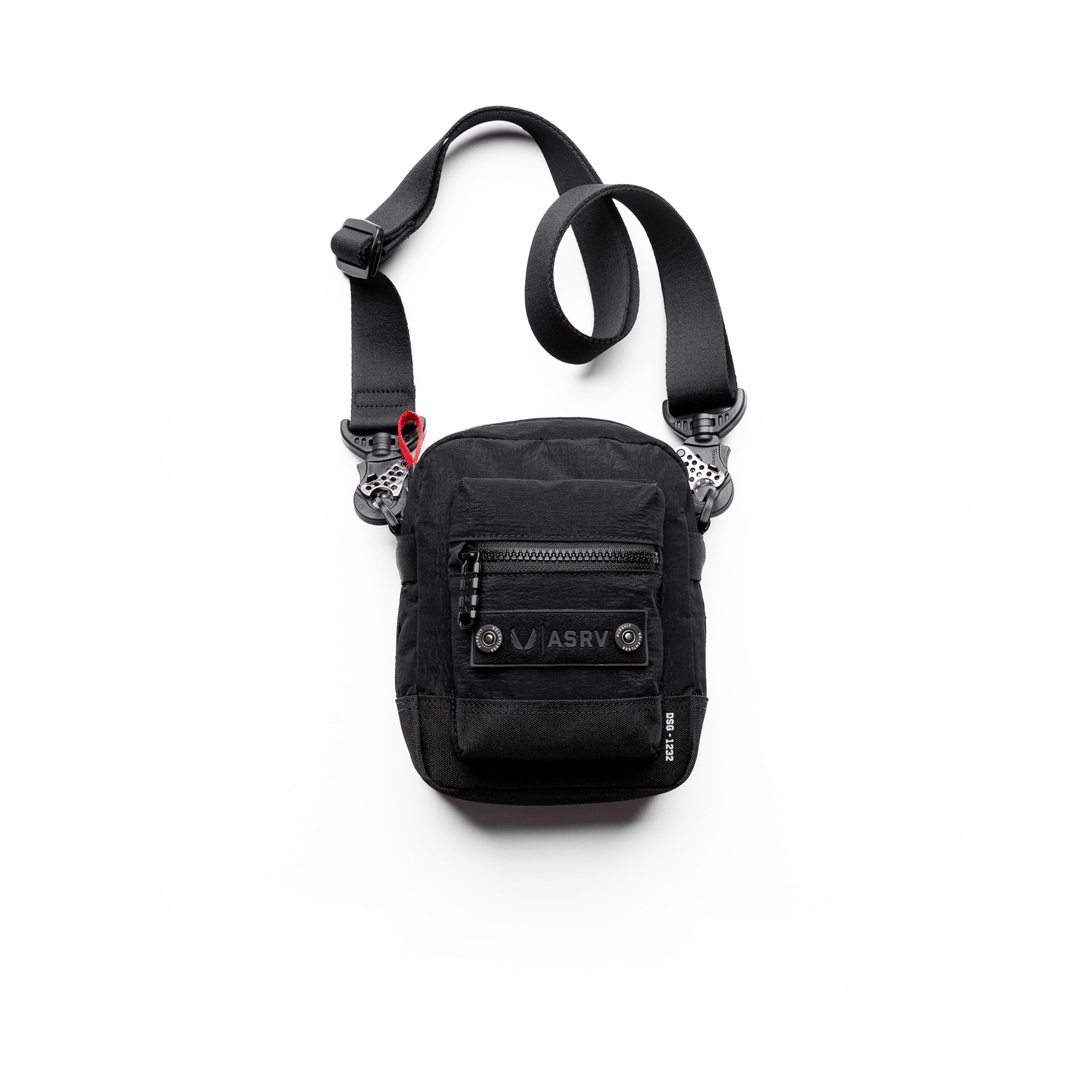 flatlay ASRV Ripstop Shoulder Bag in black, front view against white background