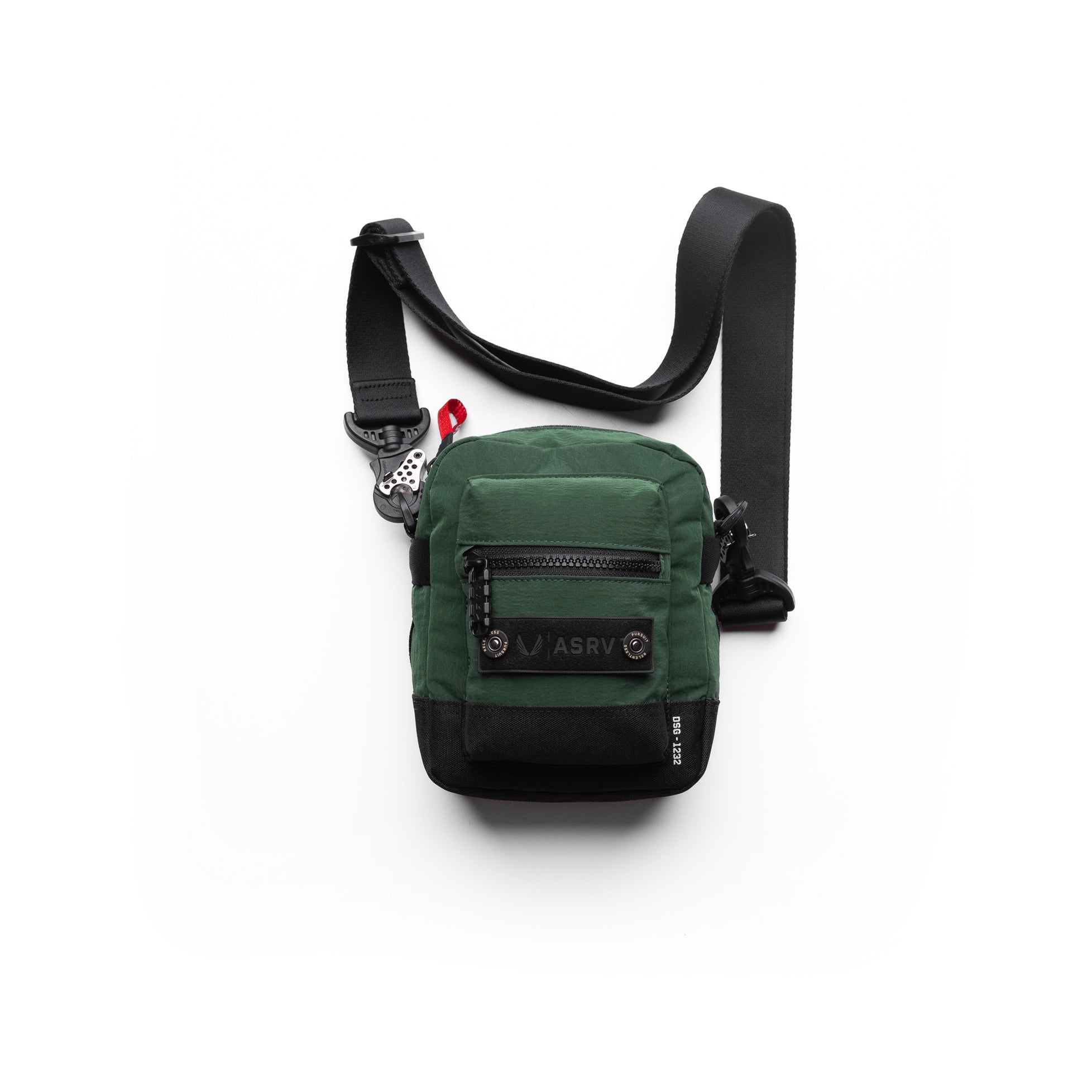 flatlay Ripstop Shoulder Bag in forest green and black, overhead view