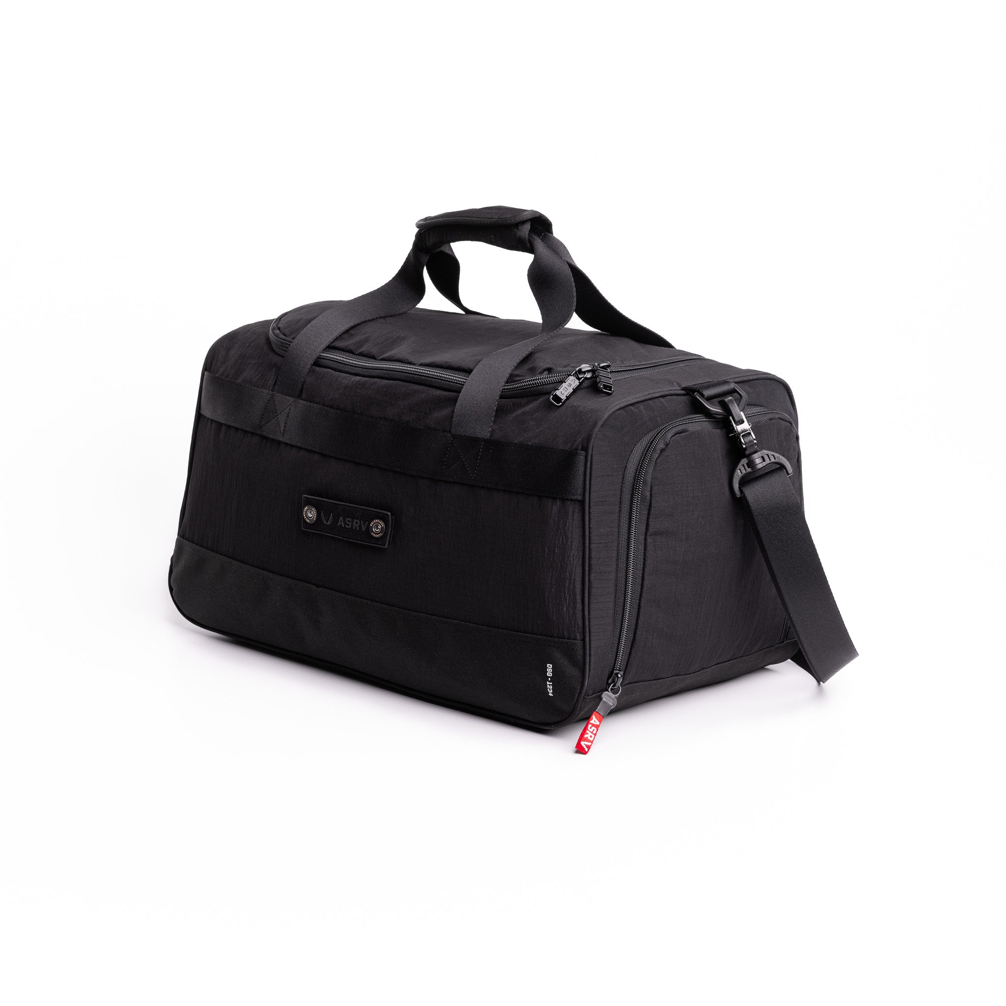 Flatlay 1234 Ripstop Duffle Bag in black, angled view