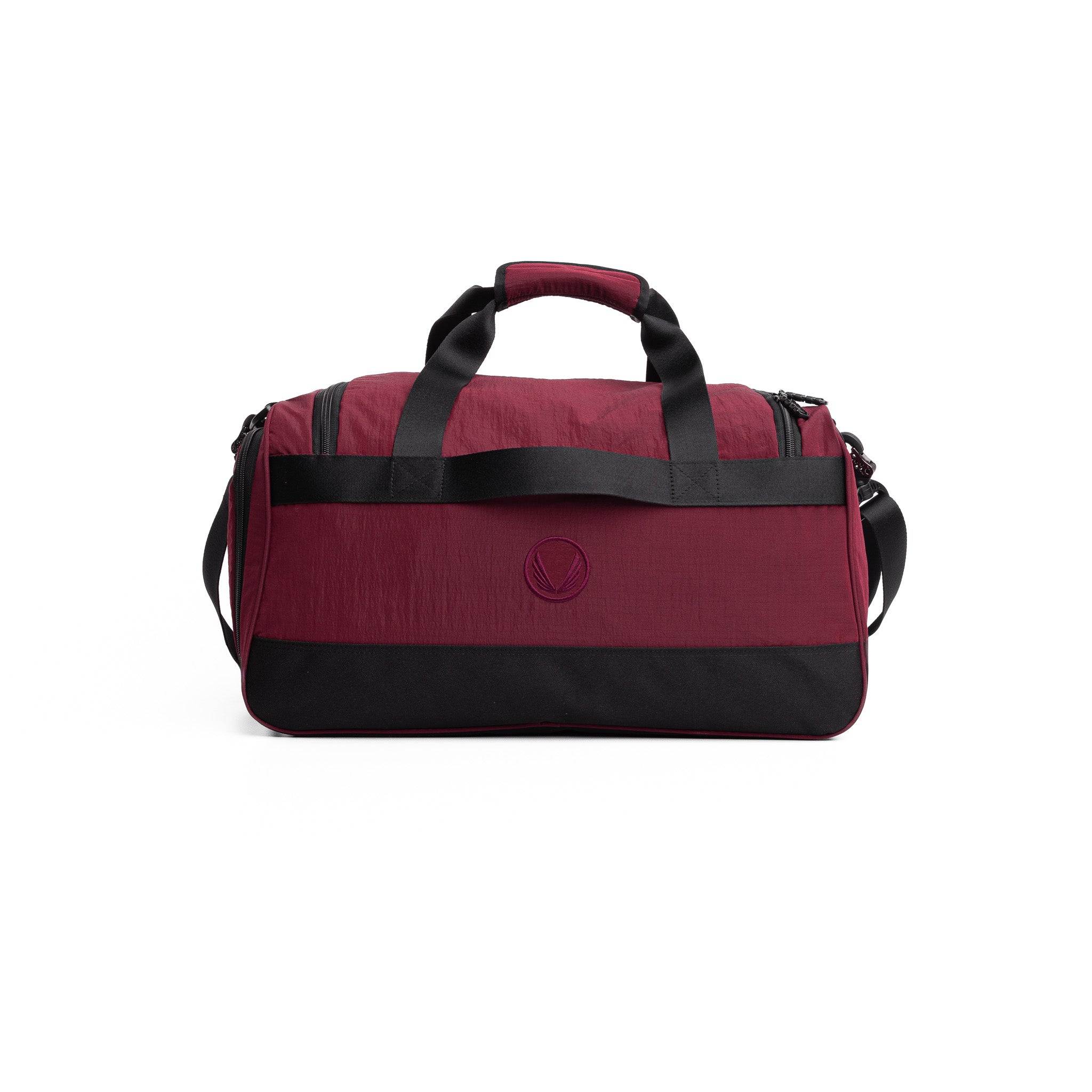 Flatlay 1234 Ripstop Duffle Bag in crimson and black, front view