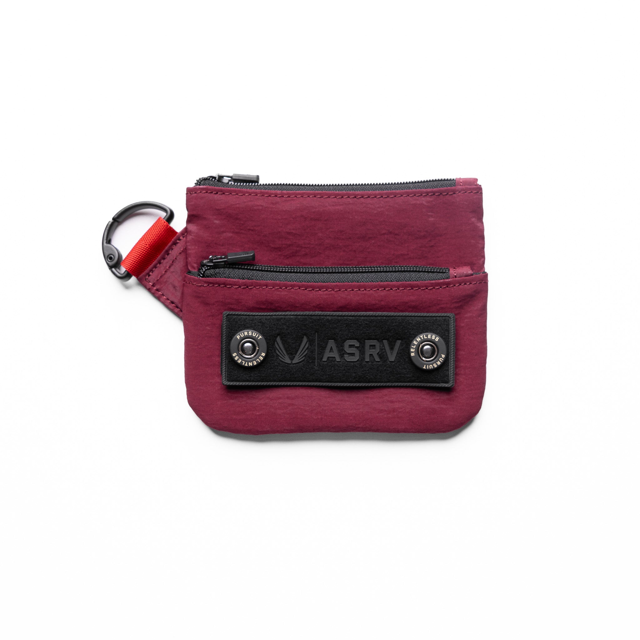 Flatlay 1235 Ripstop Clip Bag in Crimson, front view with carabiner