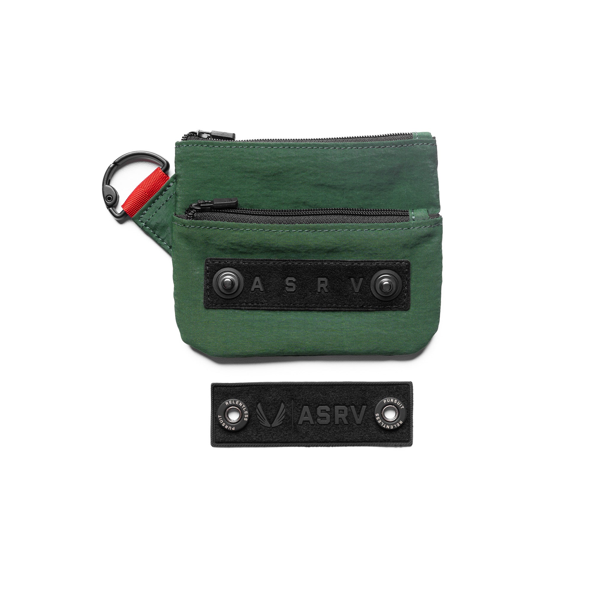 Flatlay 1235 Ripstop Clip Bag in forest green, front view with detachable patch