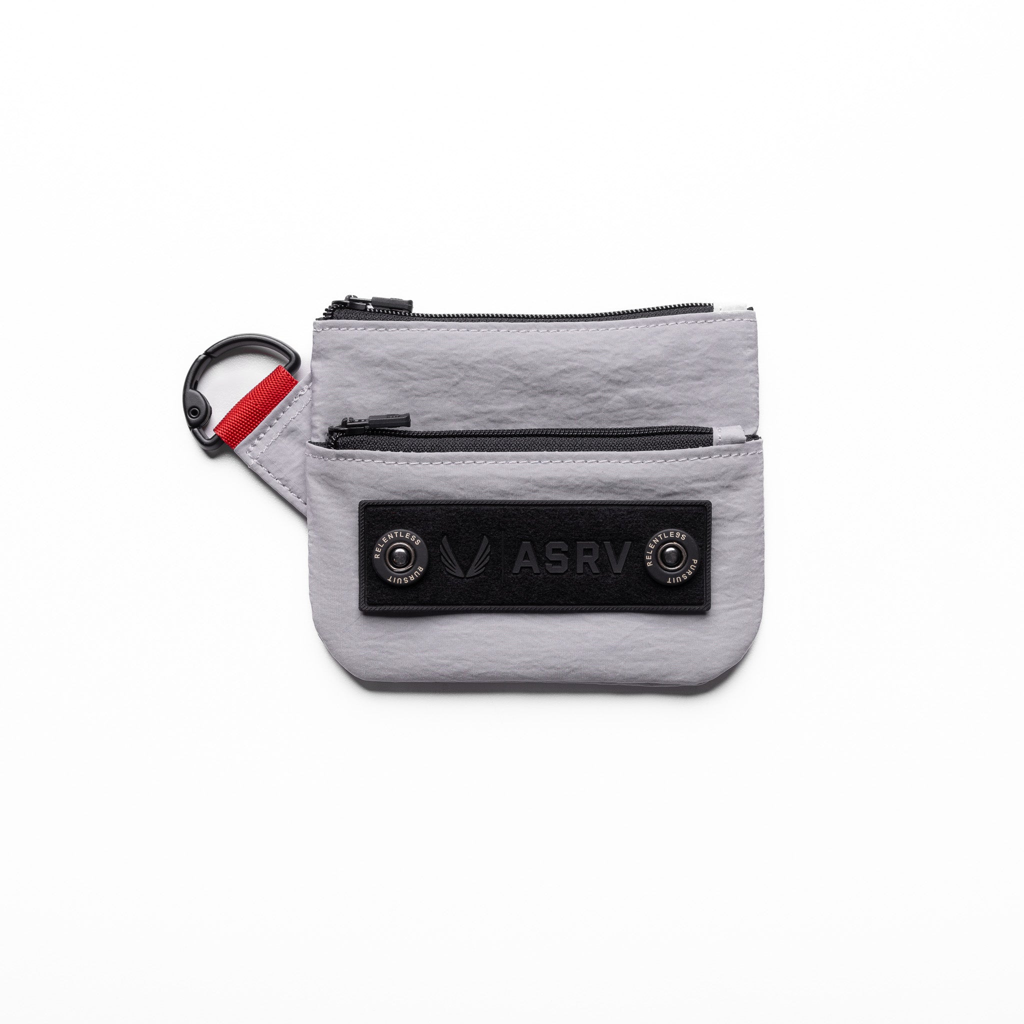 Flatlay 1235 Ripstop Clip Bag in slate grey, front view with keychain