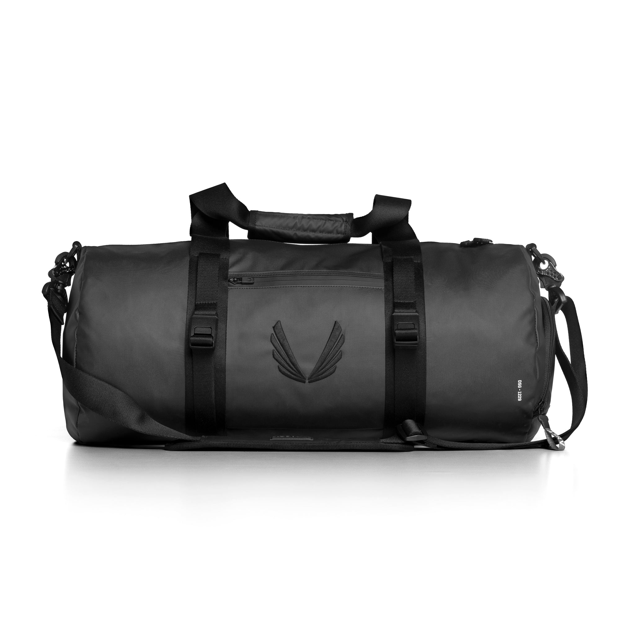 Flatlay water resistant barrel duffle bag 45L in black, front view