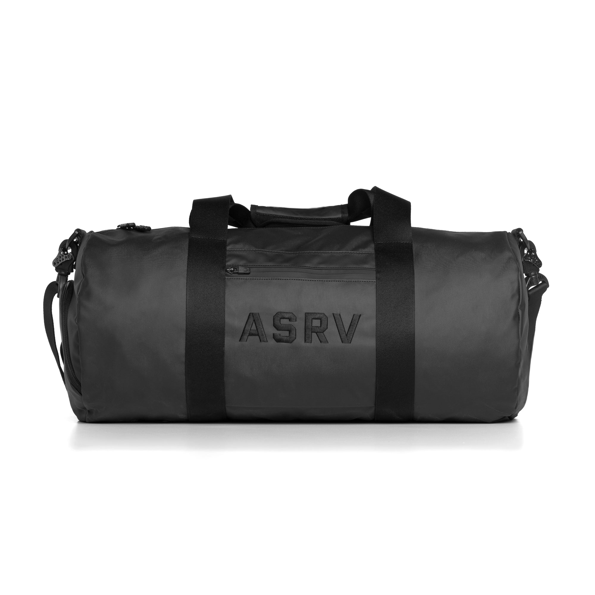 Flatlay Water Resistant Barrel Duffle Bag 45L in black, front view