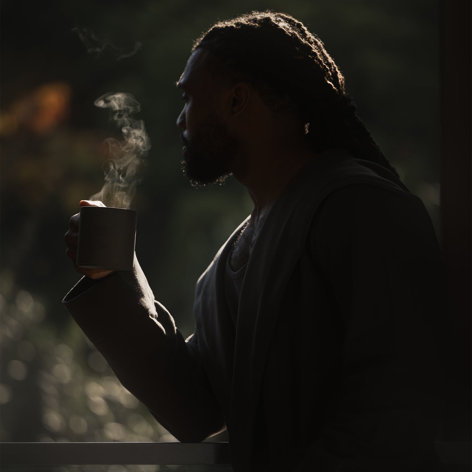 Person holding ASRV x Walden ceramic mug with steam rising, backlit profile shot