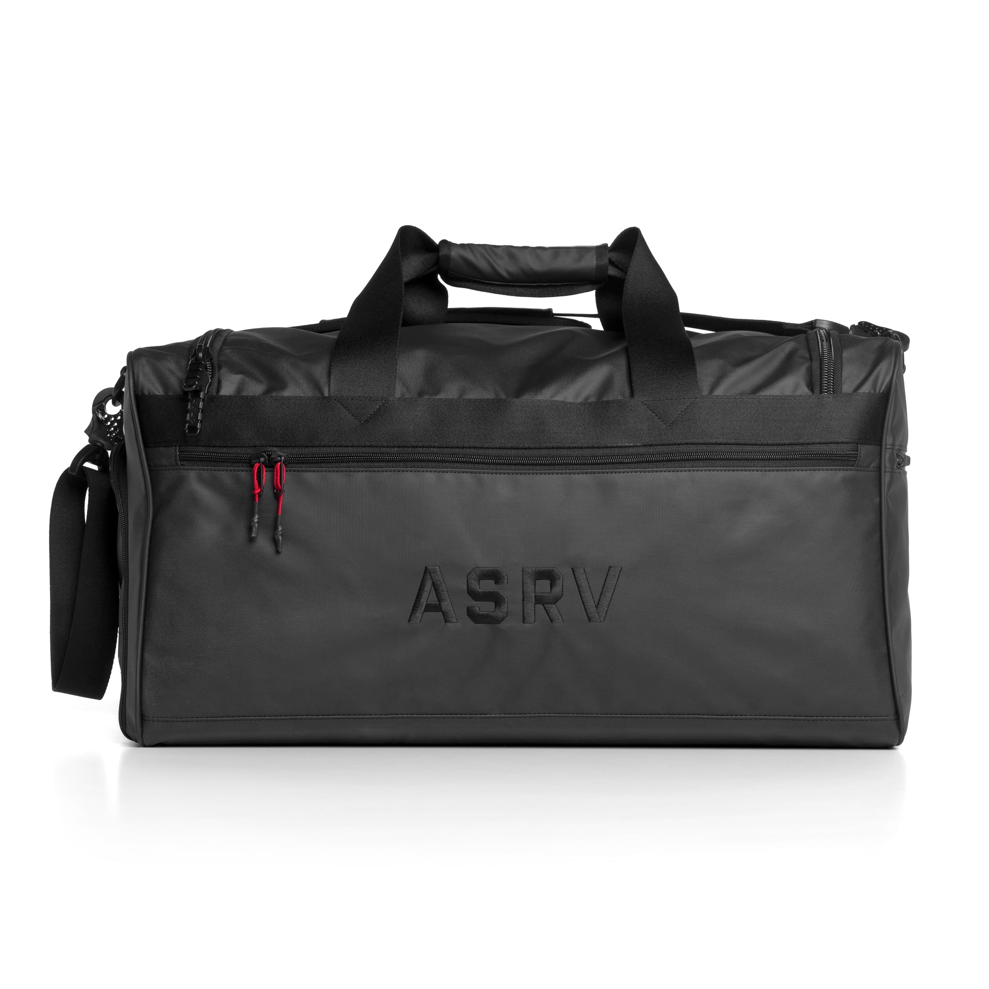 Flatlay water resistant duffle bag 55L in black, front view