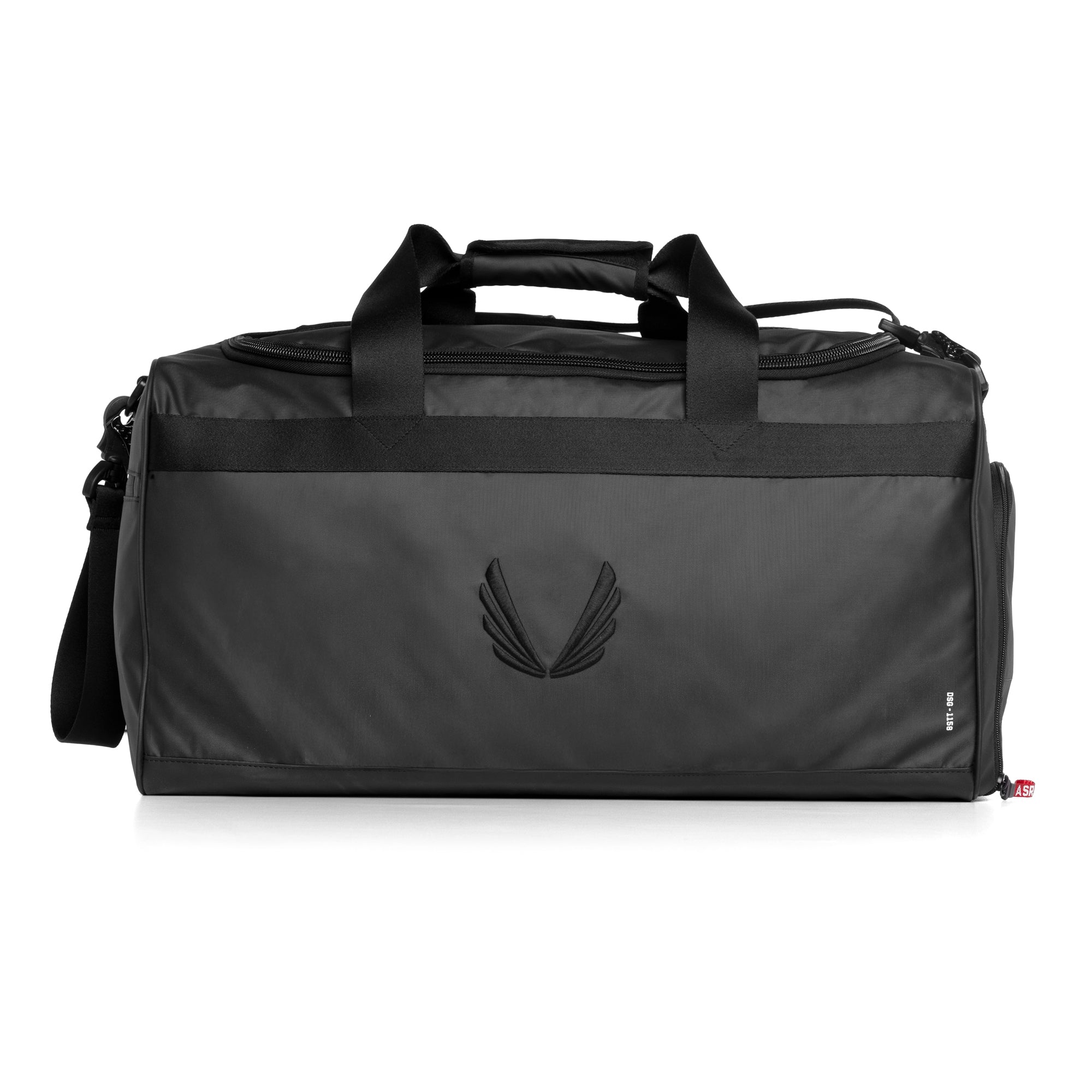 Flatlay Water Resistant Duffle Bag 55L in black, front view