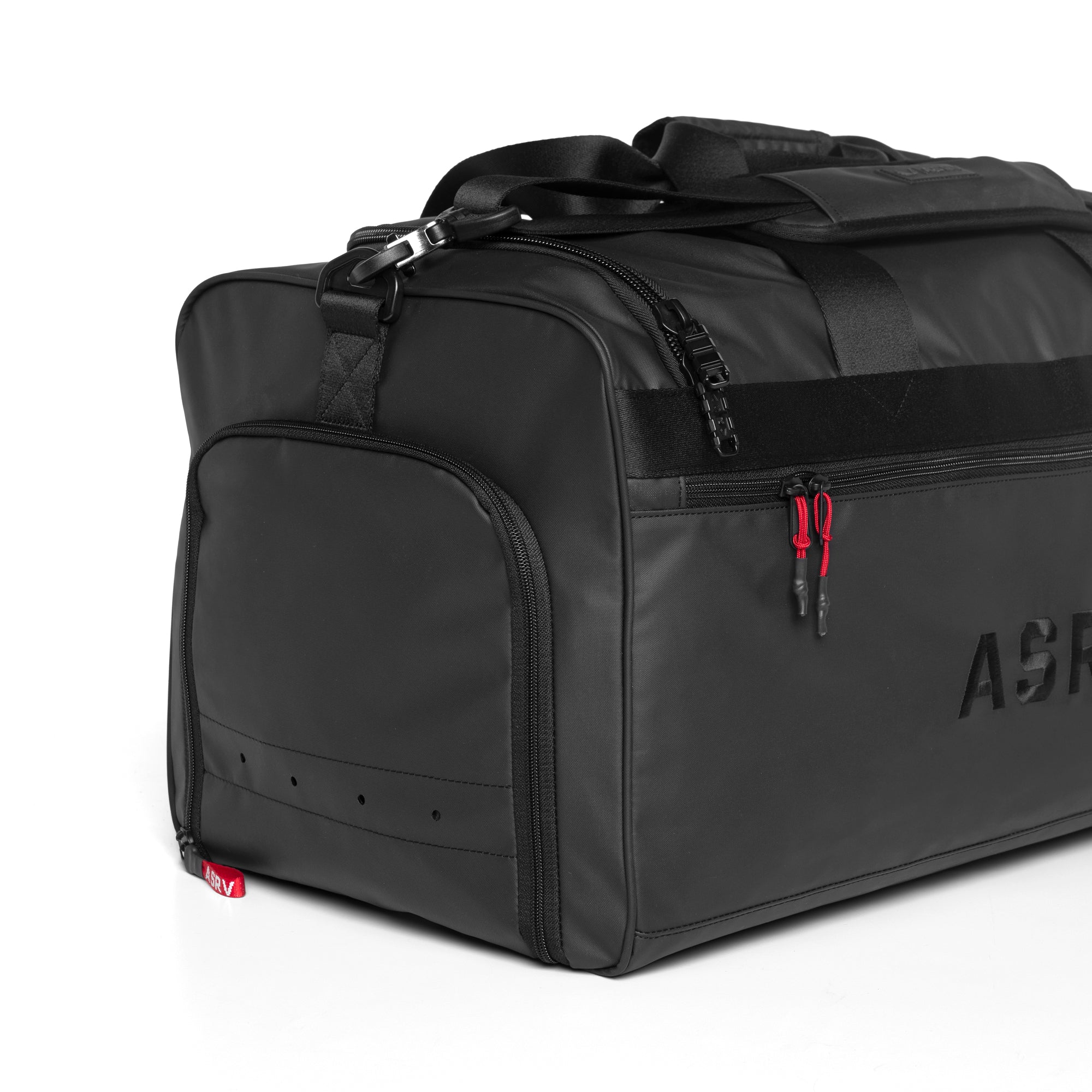 Flatlay Water Resistant Duffle Bag 55L in black, front quarter view
