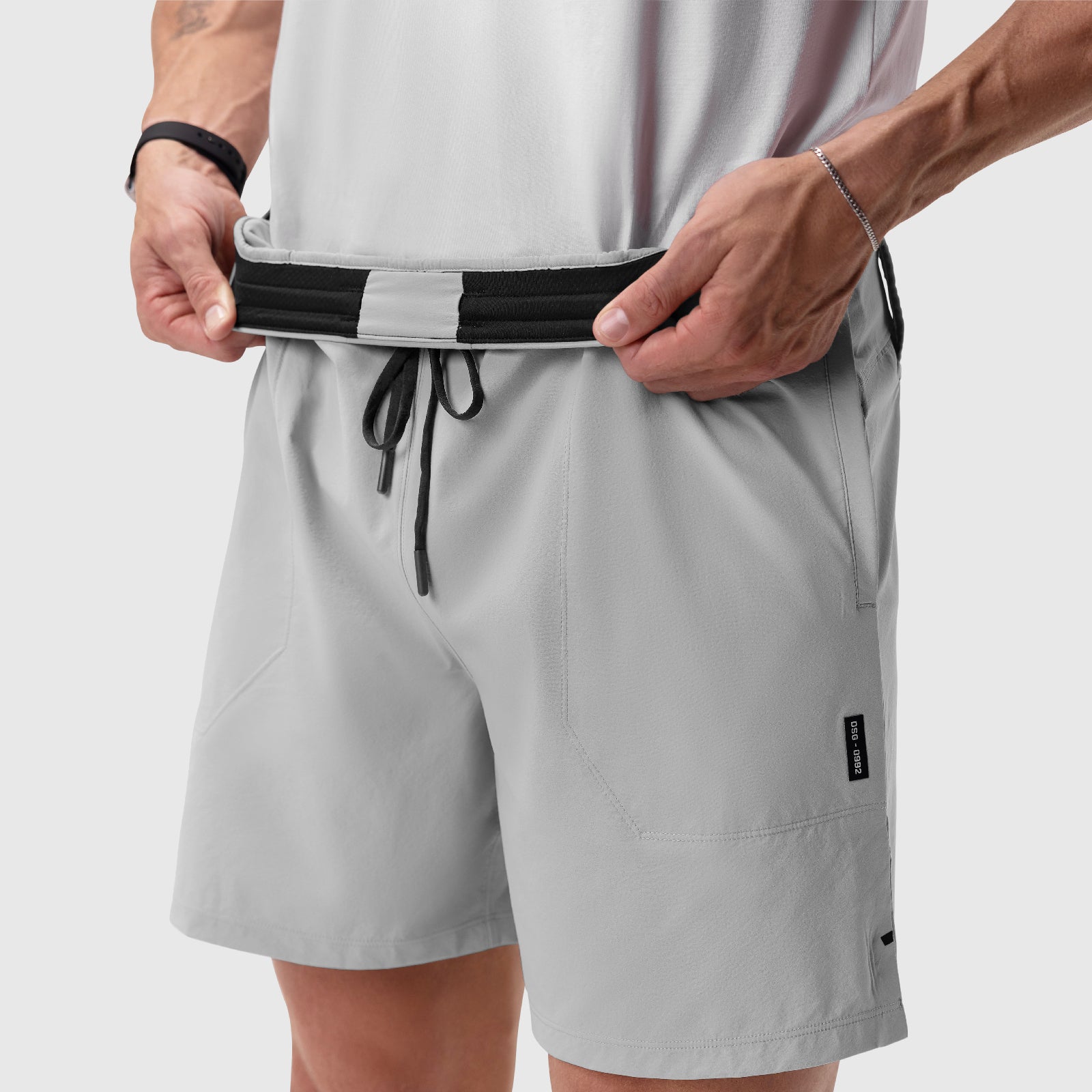 Aerotex™ 6" Training Short in Slate Grey worn by model, waistband detail