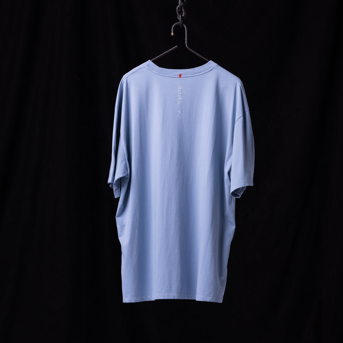 SM'22 Distressed Tee in light blue, back view, on hanger