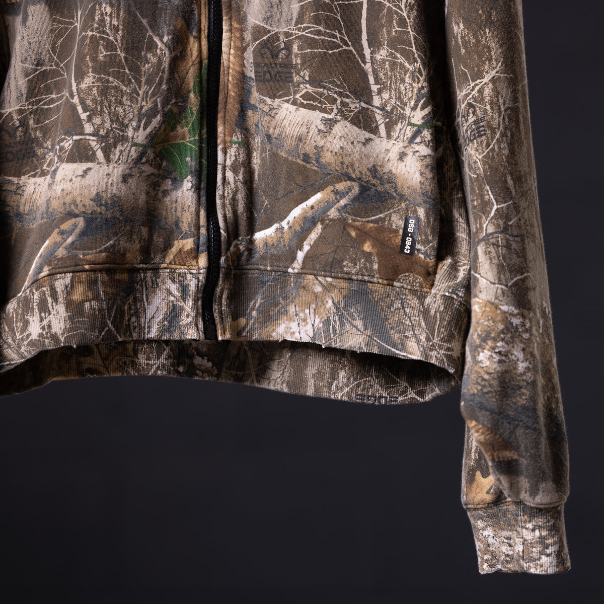 Distressed Warmup Zip Hoodie in brown camo, flat lay detail shot