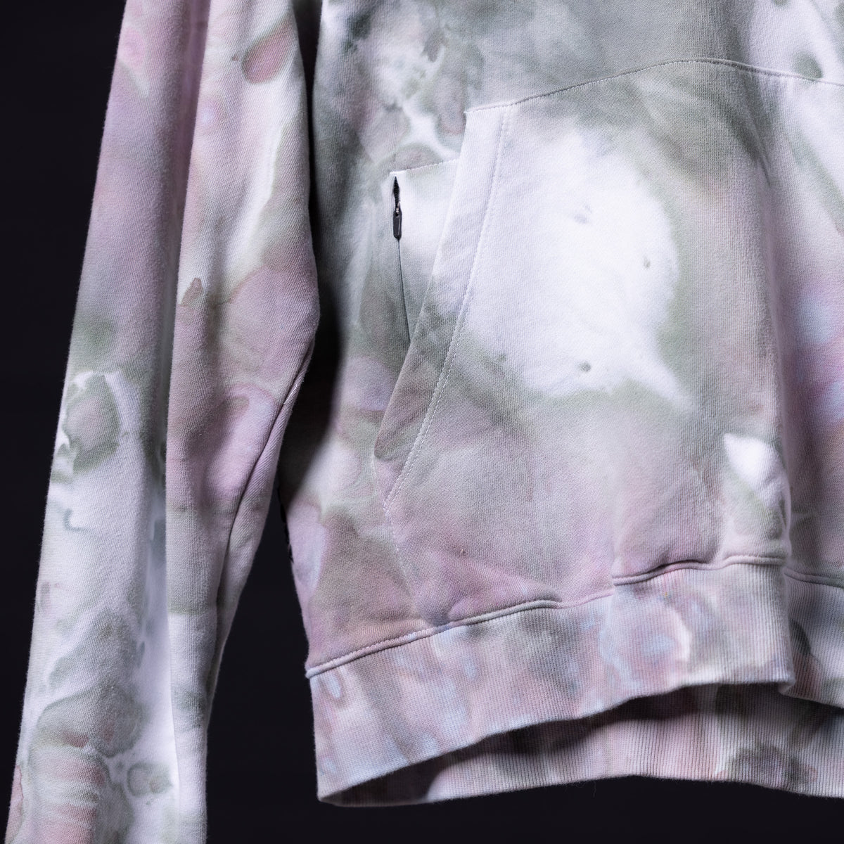 SM'22 Tie Dye Hoodie in lavender and white tie dye, draped detail shot
