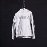 ASRV Weather Ready Hoodie in light gray, hanging on chain against dark brick background