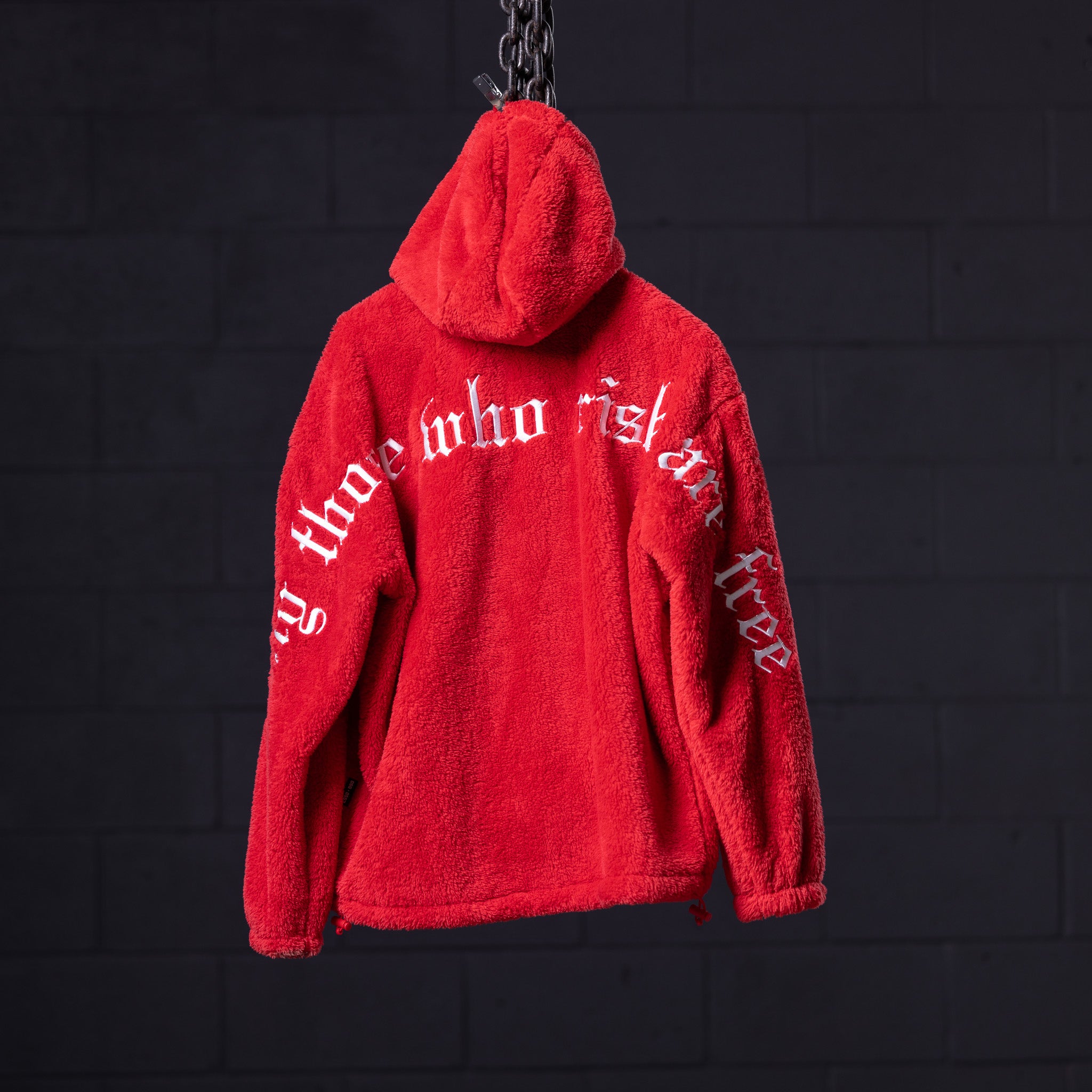 WN '23 Sherpa Recovery Hoodie in red, displayed on chain against dark background, back view