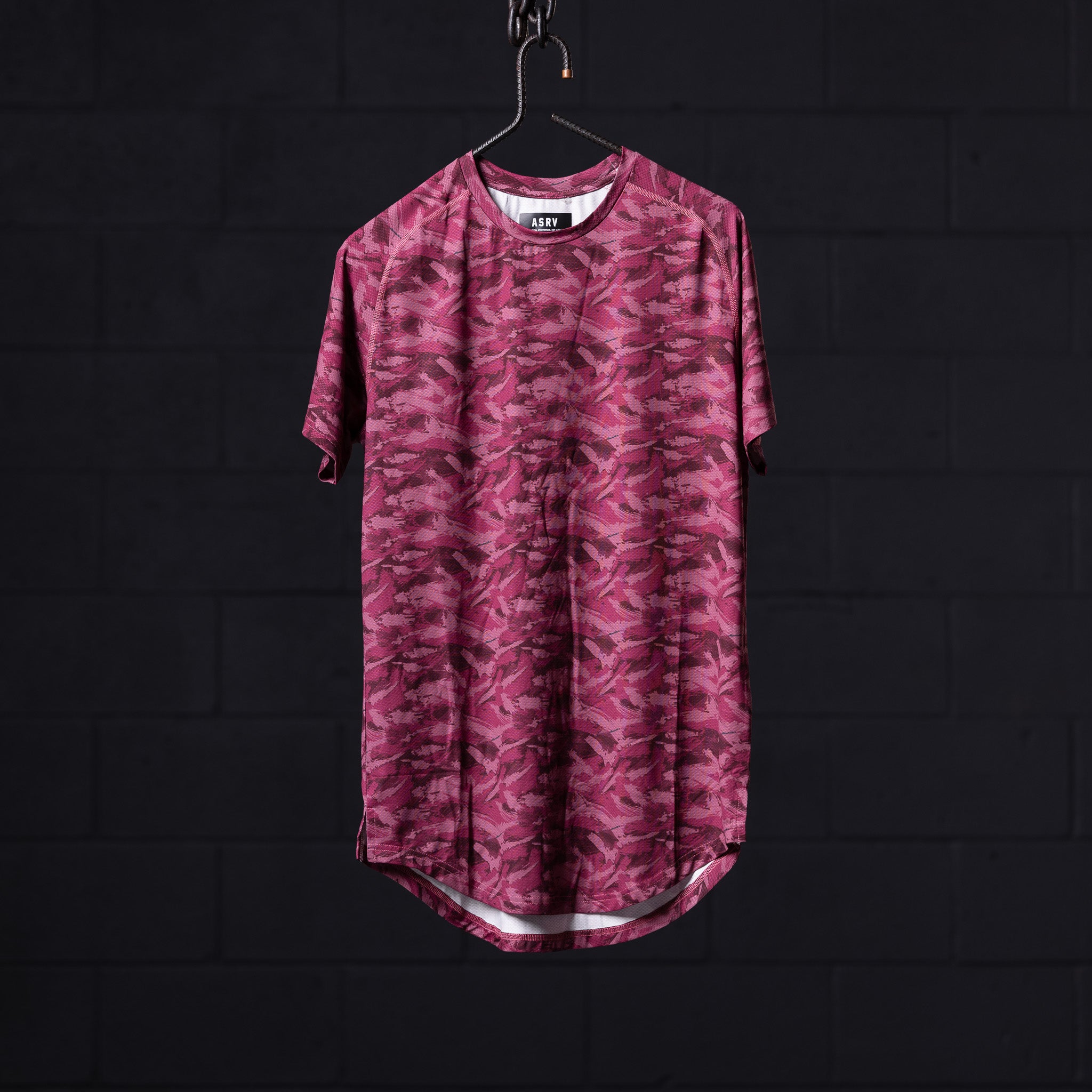 flatlay SM'20 Established Tee in burgundy camo print, front view