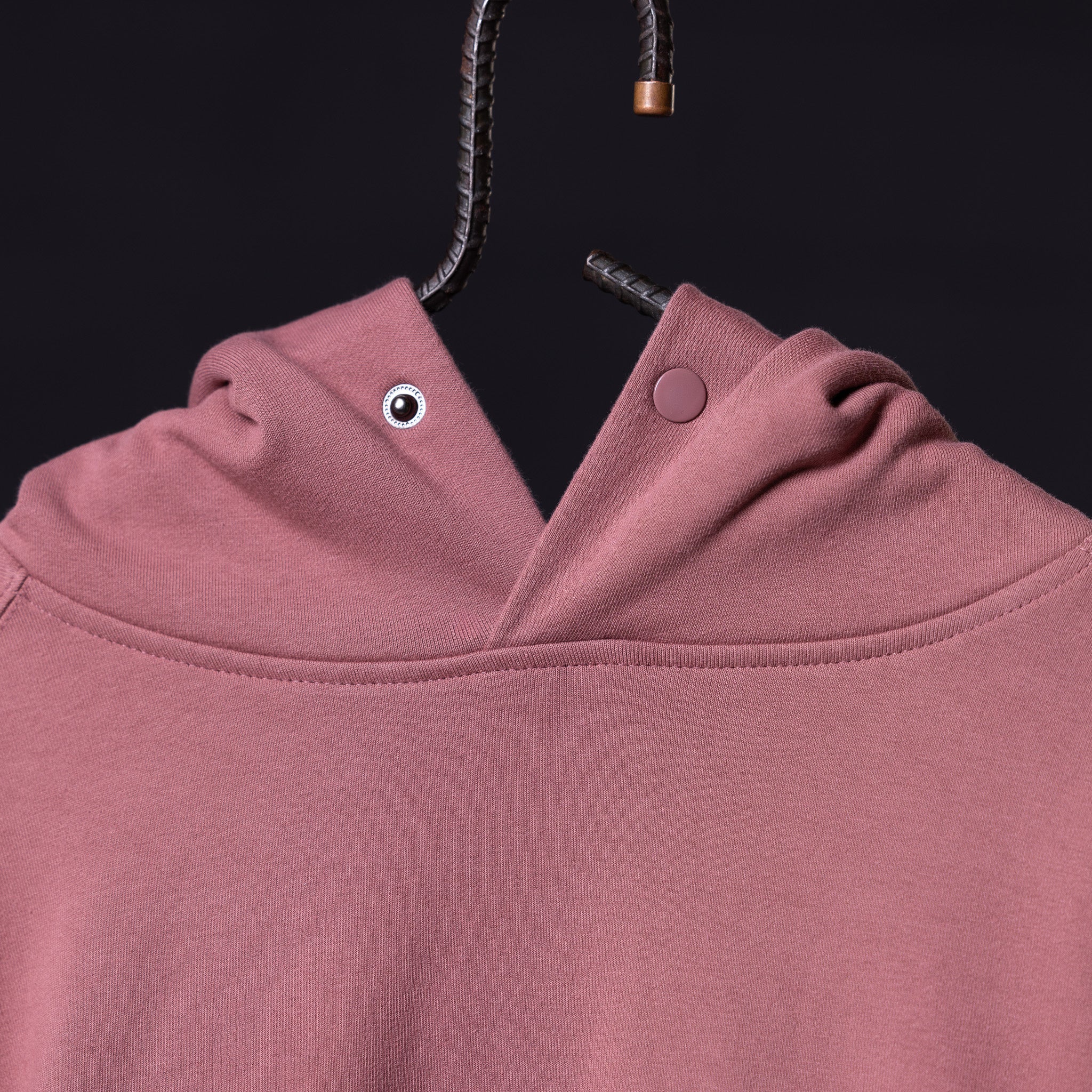Tech Terry Eagle Hoodie in mauve pink, close-up of collar and drawstring detail