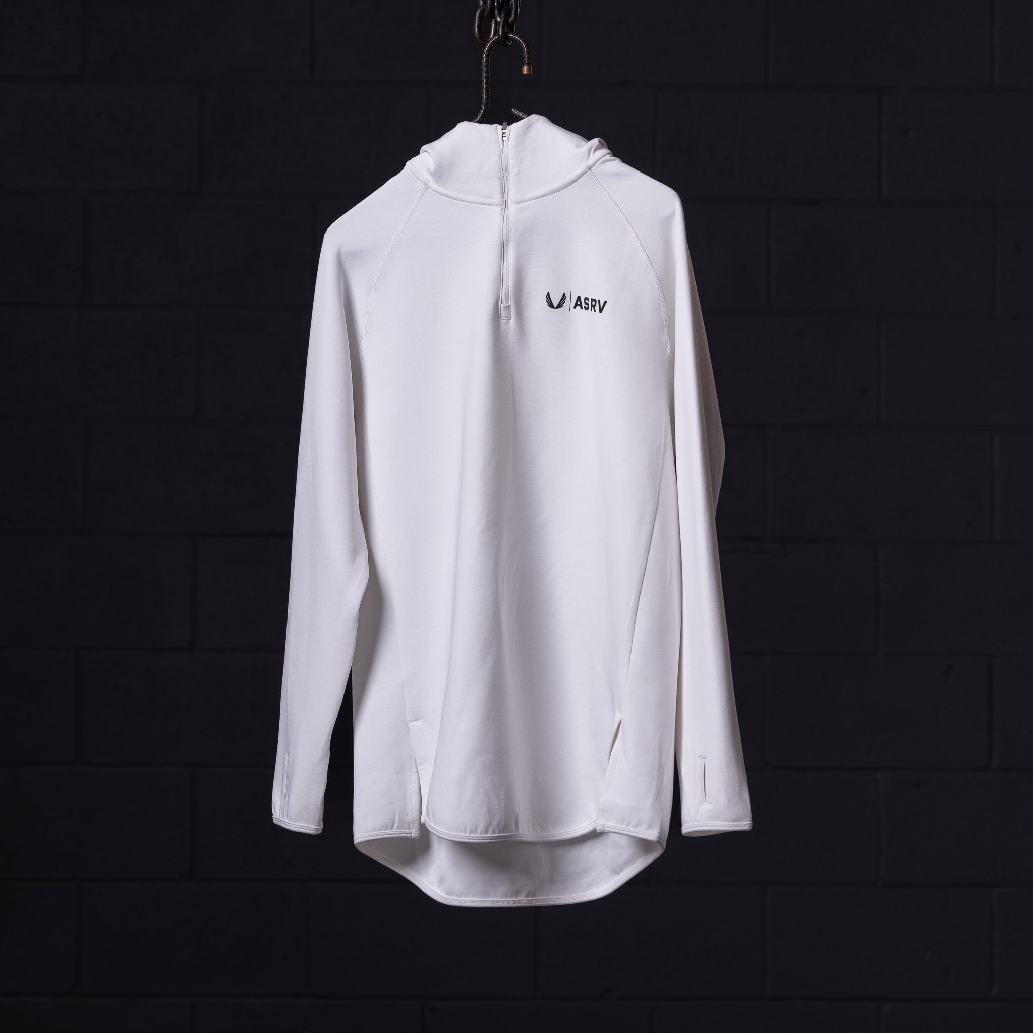 White ASRV Scuba Hoodie displayed on hanger, back view showing logo and full-length sleeves