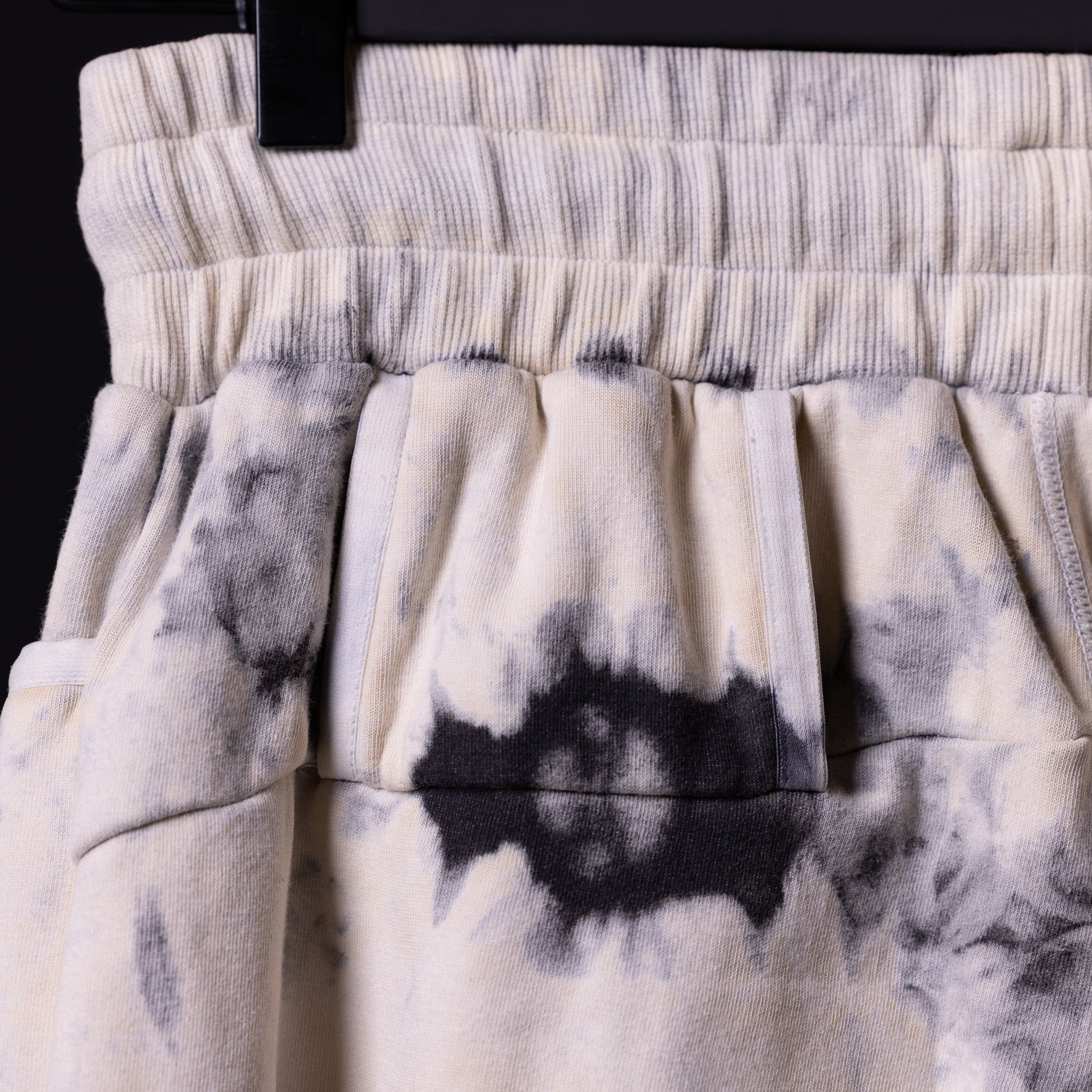 2019 Tie Dye Sweat Short in cream and black, detail closeup of fabric