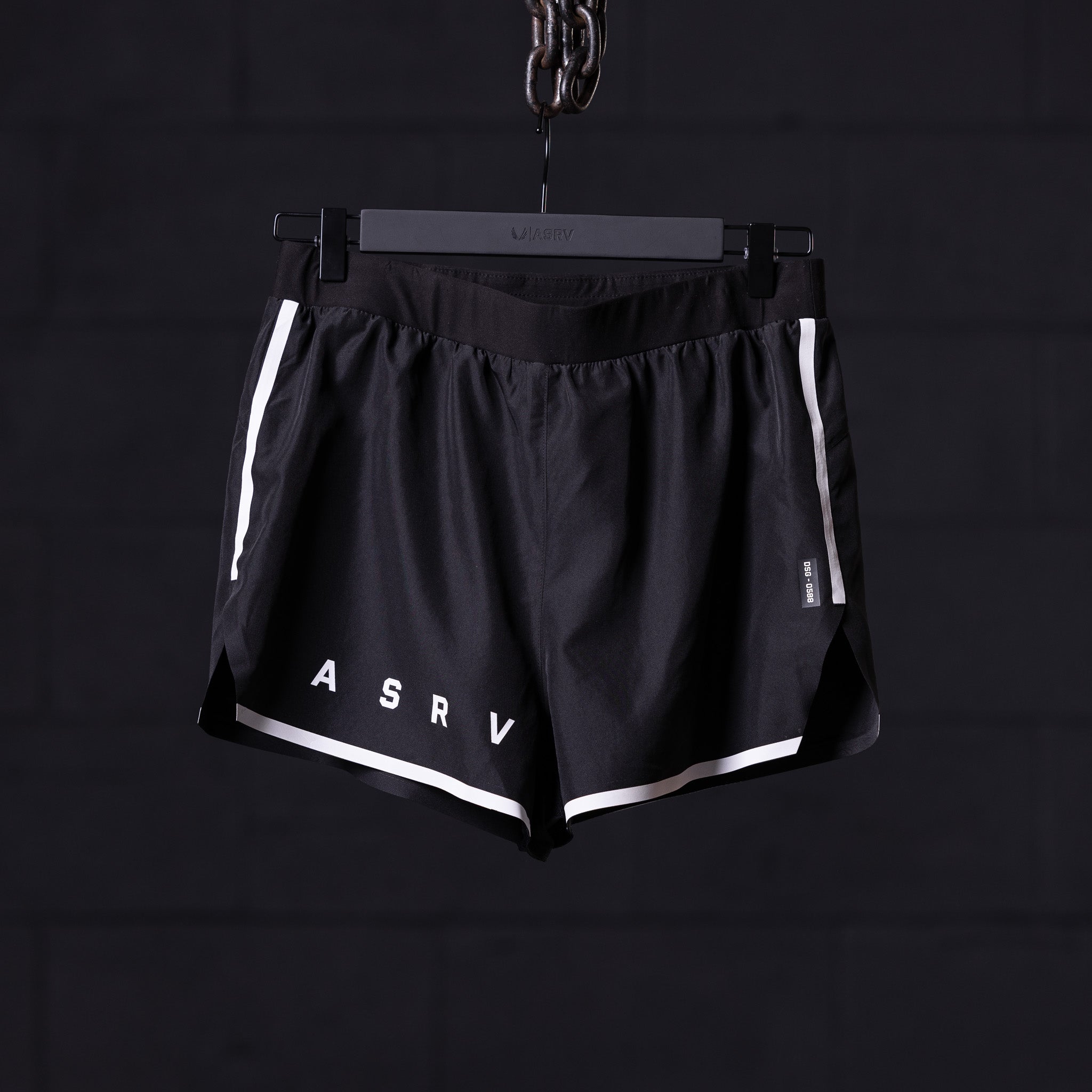 ASRV Reflective 3" Run Short in black with white trim, front view on hanger