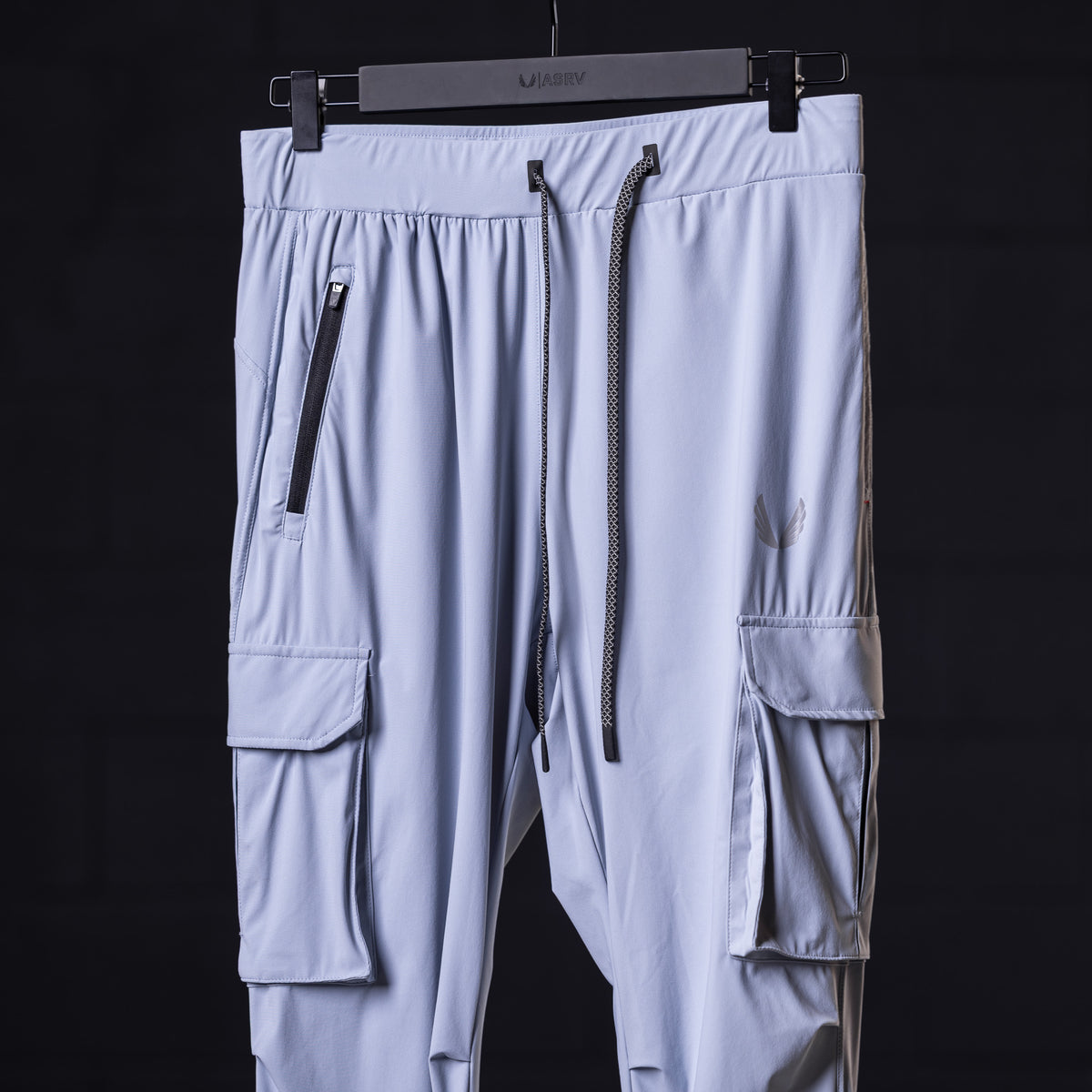 WN'22 Cargo High Rib Jogger in light blue, front view, on hanger