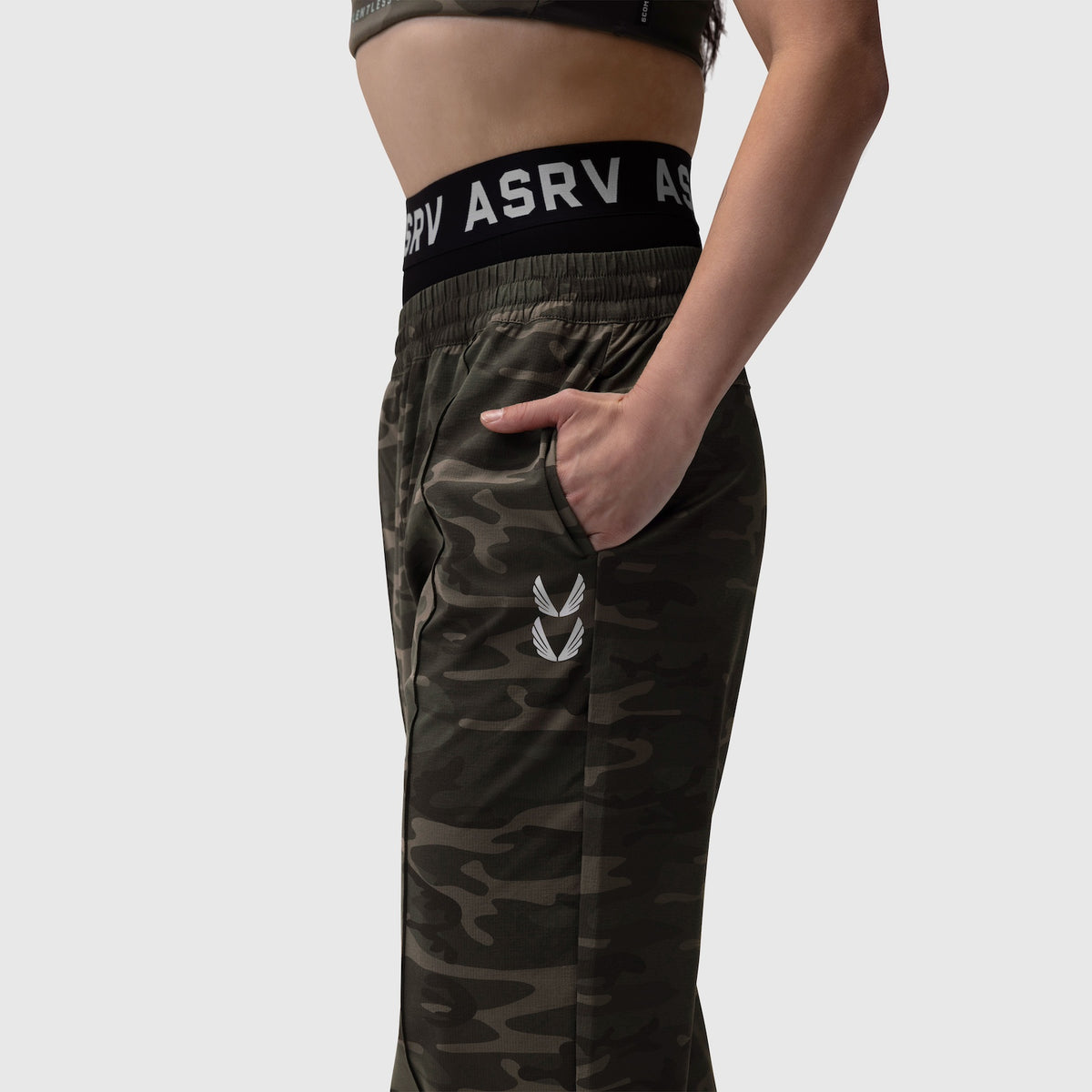 Ripstop Relaxed Track Pant in dark camo worn by model, side view