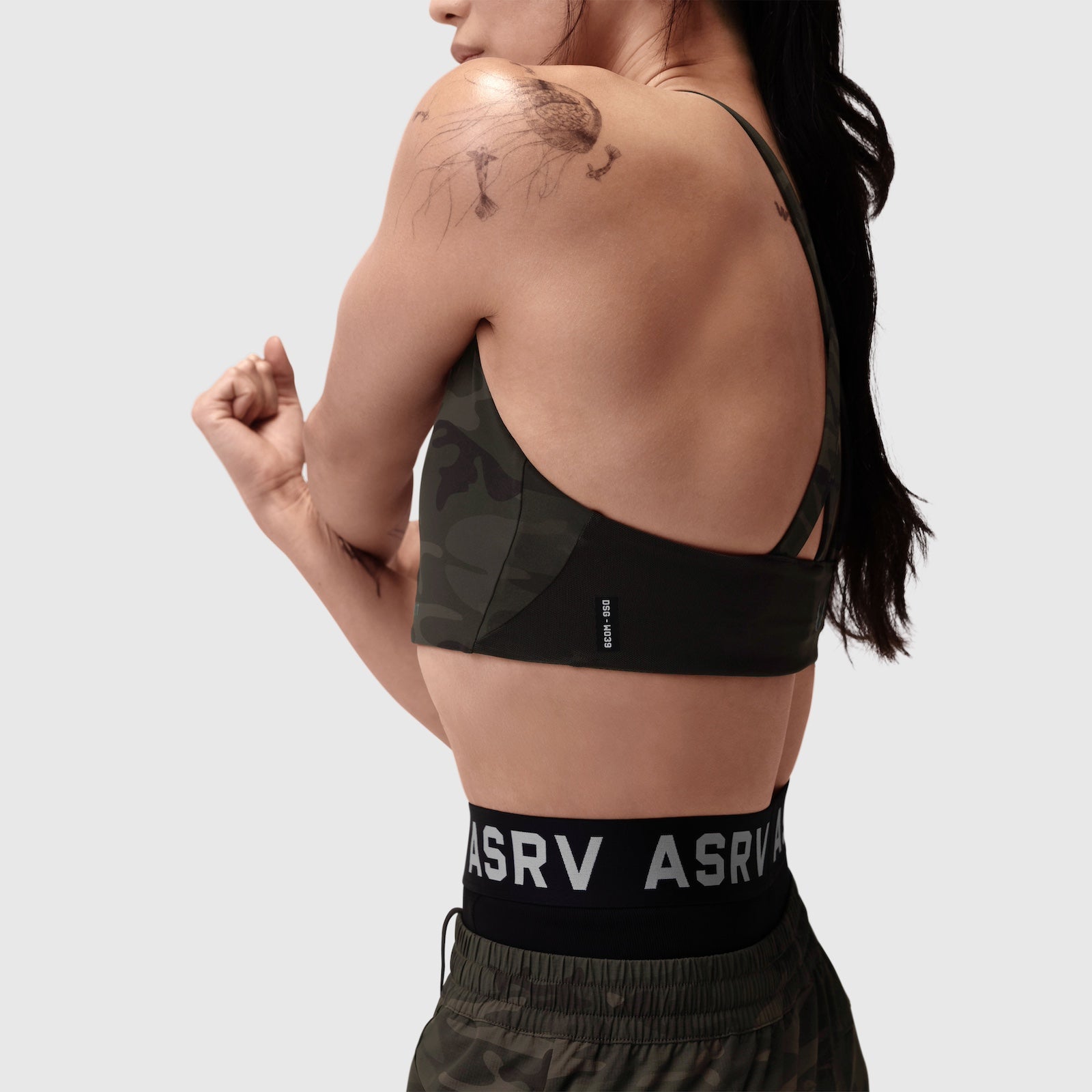 LYCRA® Hybrid Sports Bra in Dark Camo, back view on model