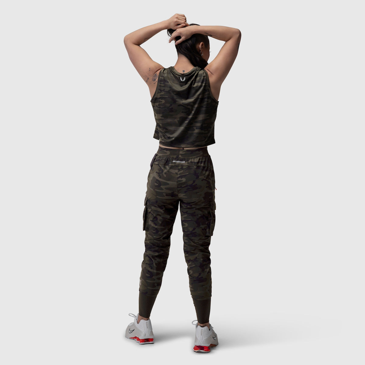 AeroSilver Tank Top in dark camo worn with matching cargo pants, back view