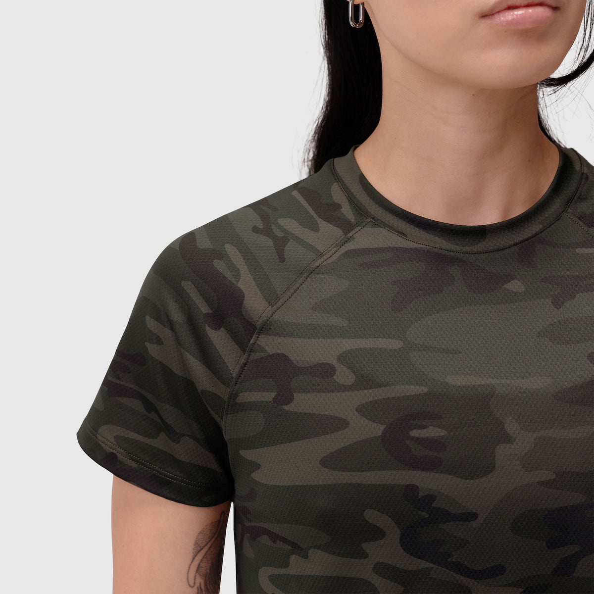 AeroSilver® Cropped Tee in Dark Camo worn by model, front view
