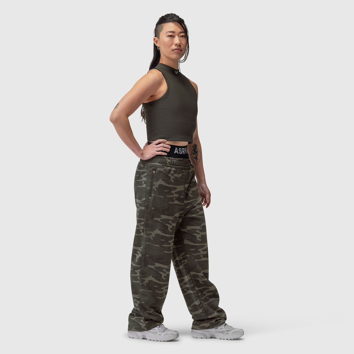 W034 Sorona® Terry Straight Leg Sweats in dark camo, worn by model in side profile pose