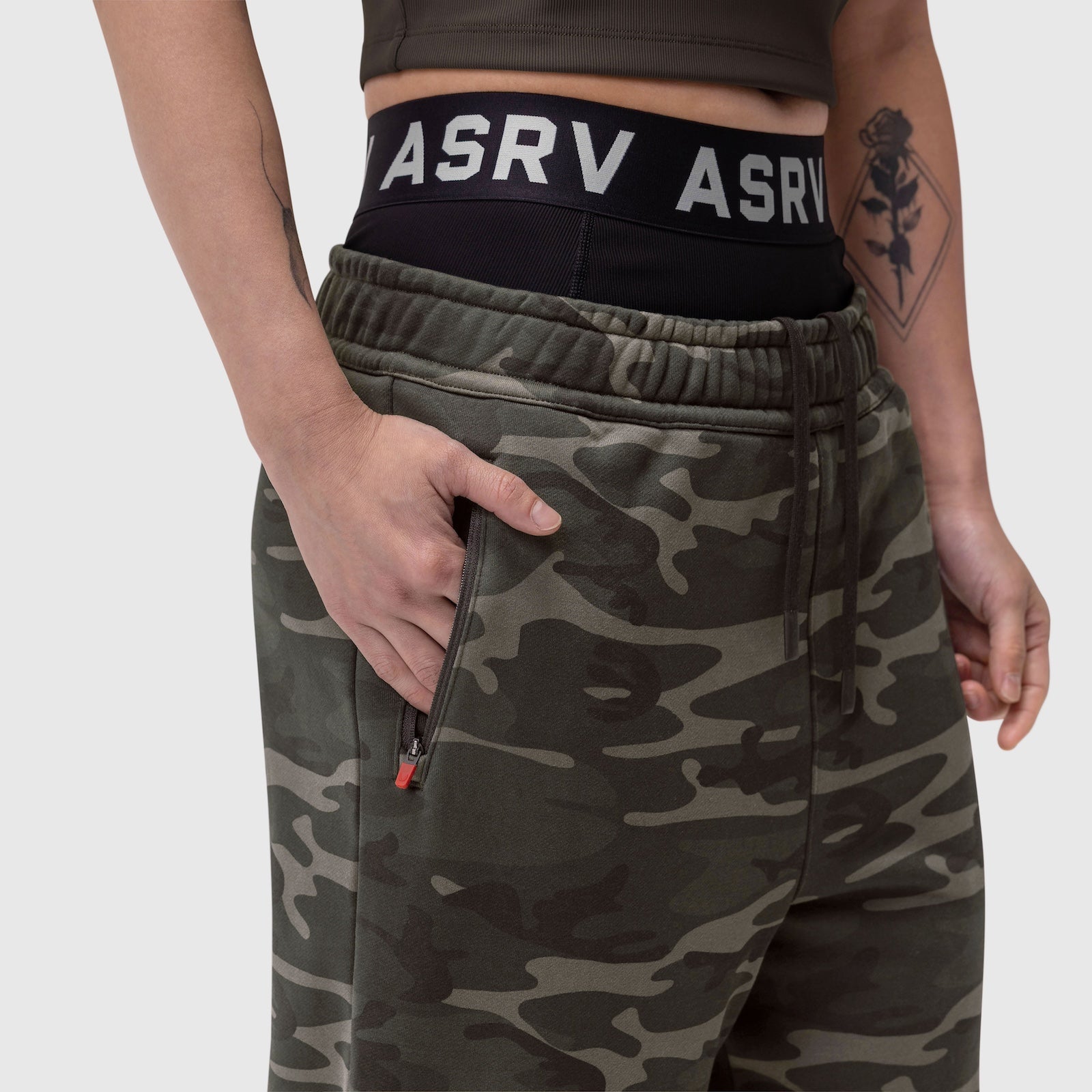 W034 Sorona® Terry Straight Leg Sweats in dark camo, worn by model showing waistband detail