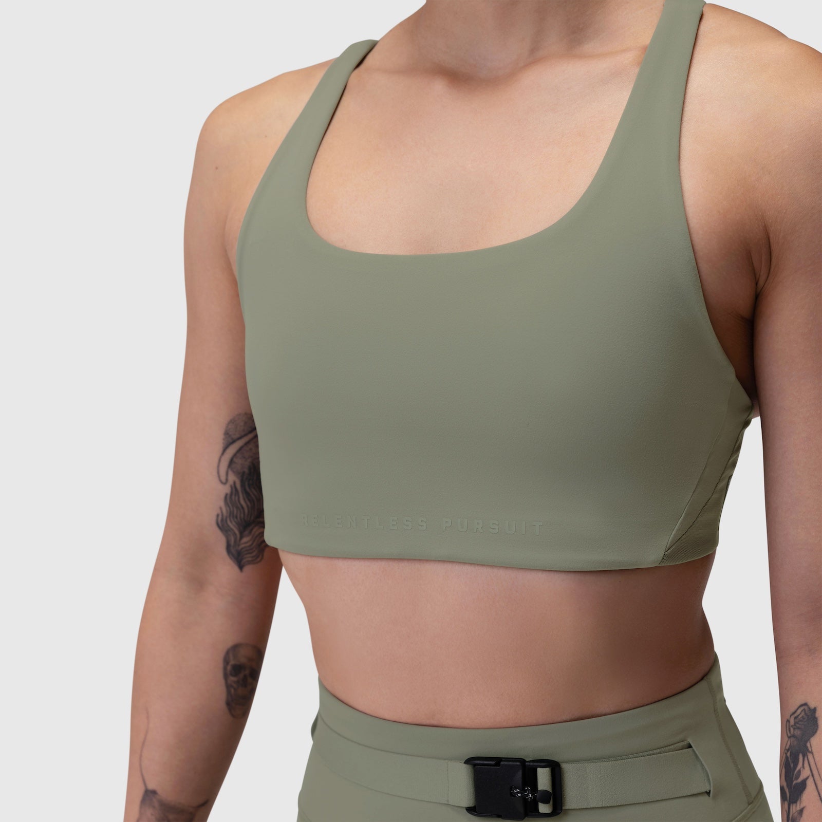Sage Lycra Hybrid Sports Bra worn by model, front view