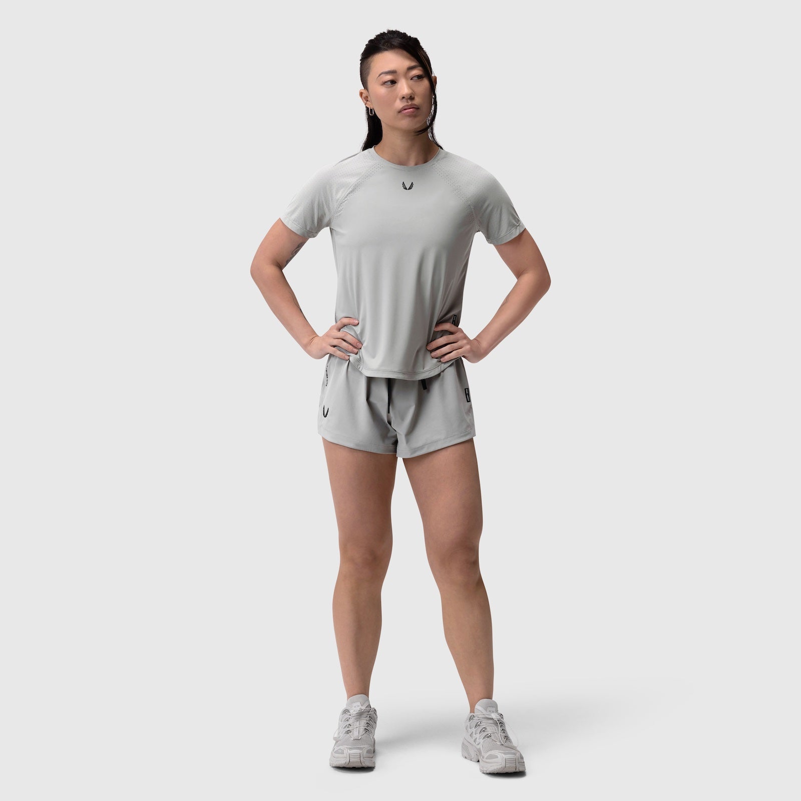 Laser-Vent Established Tee in slate grey, worn with matching shorts, front view on model