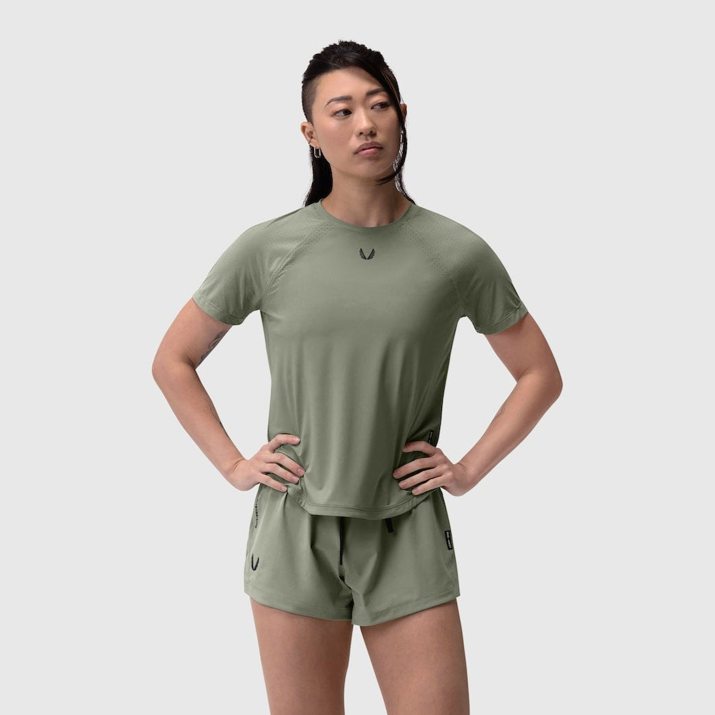 Laser-Vent Established Tee in sage green worn with matching shorts, front view