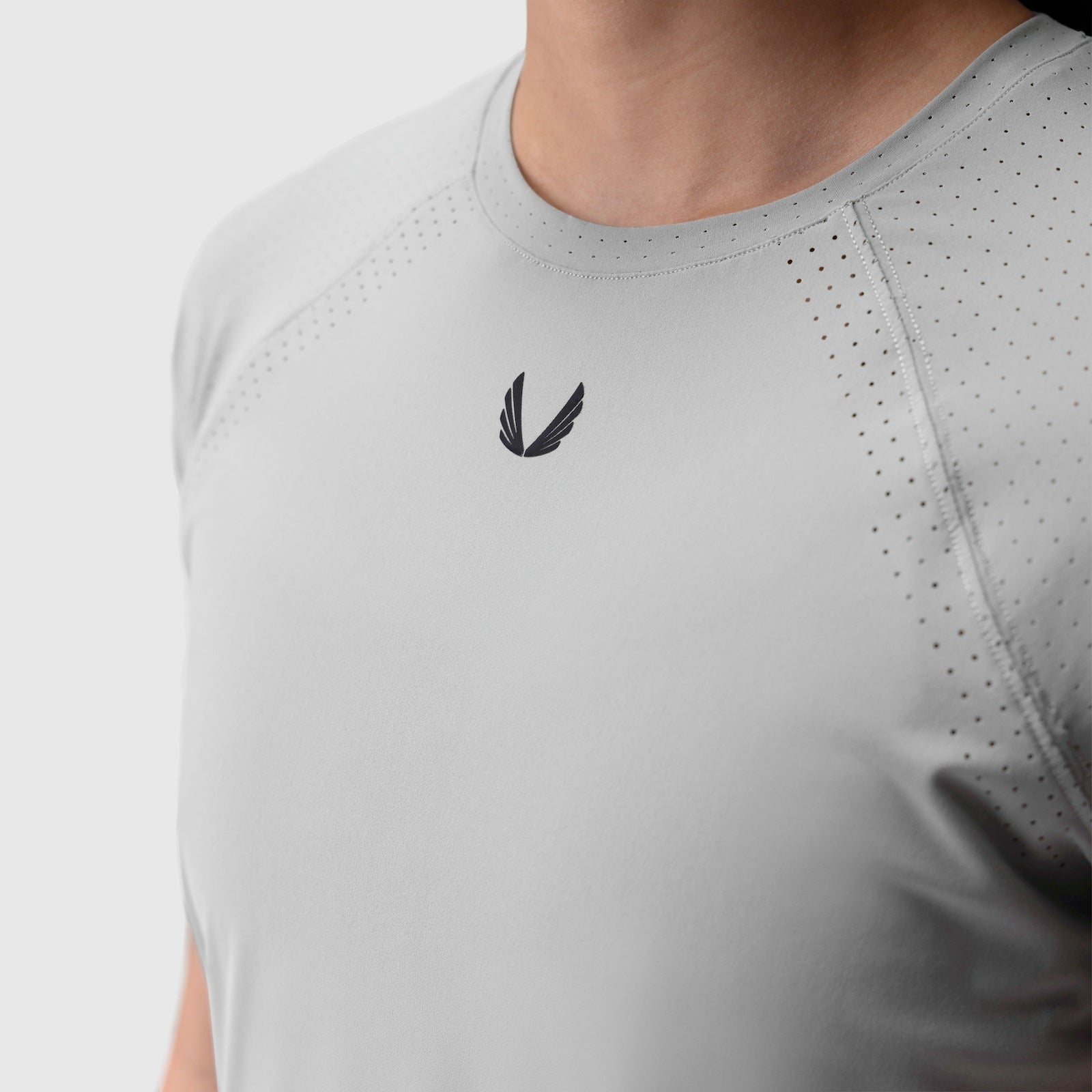 Laser-Vent Established Tee in slate grey worn by model, front view detail