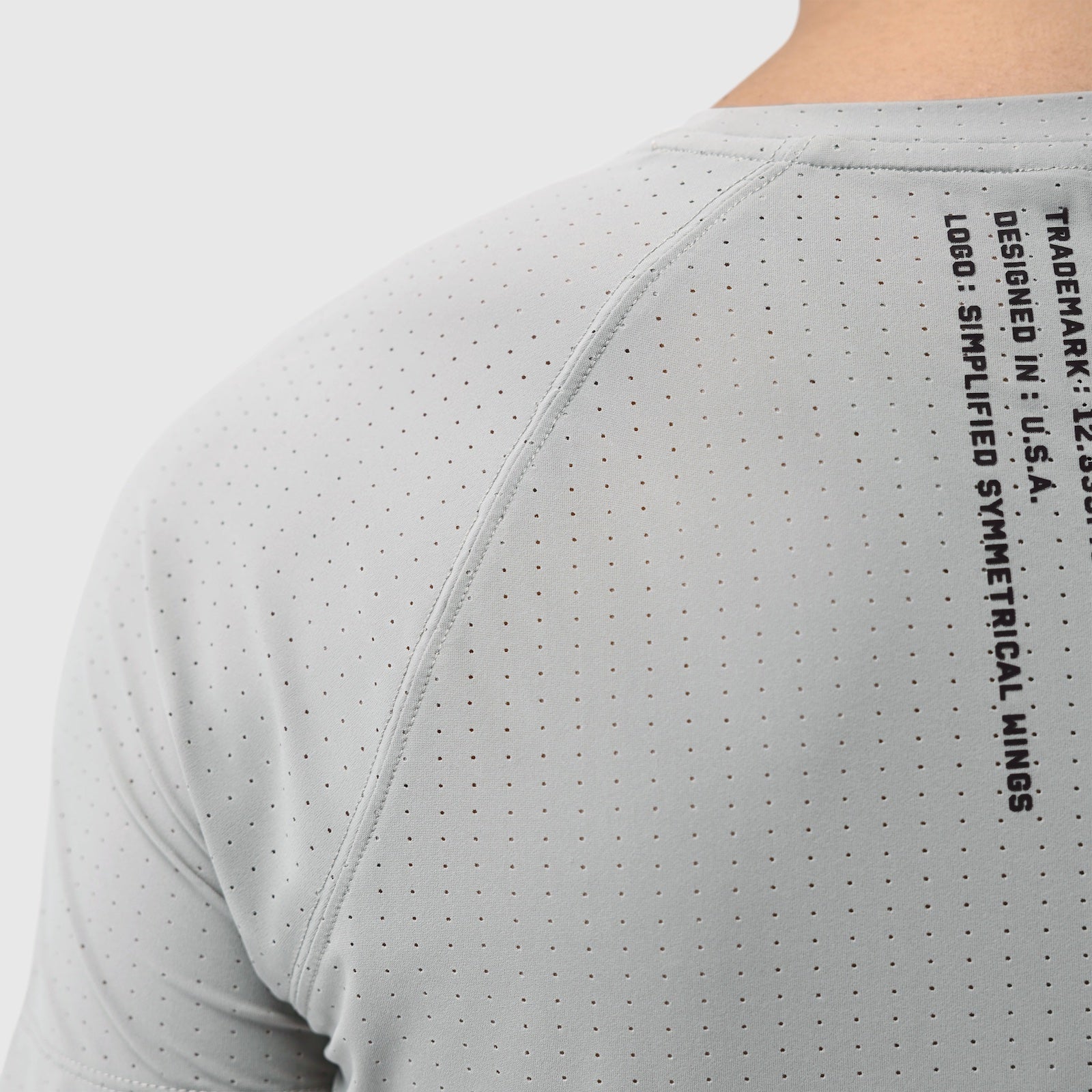 Laser-Vent Established Tee in slate grey worn by model, back view detail