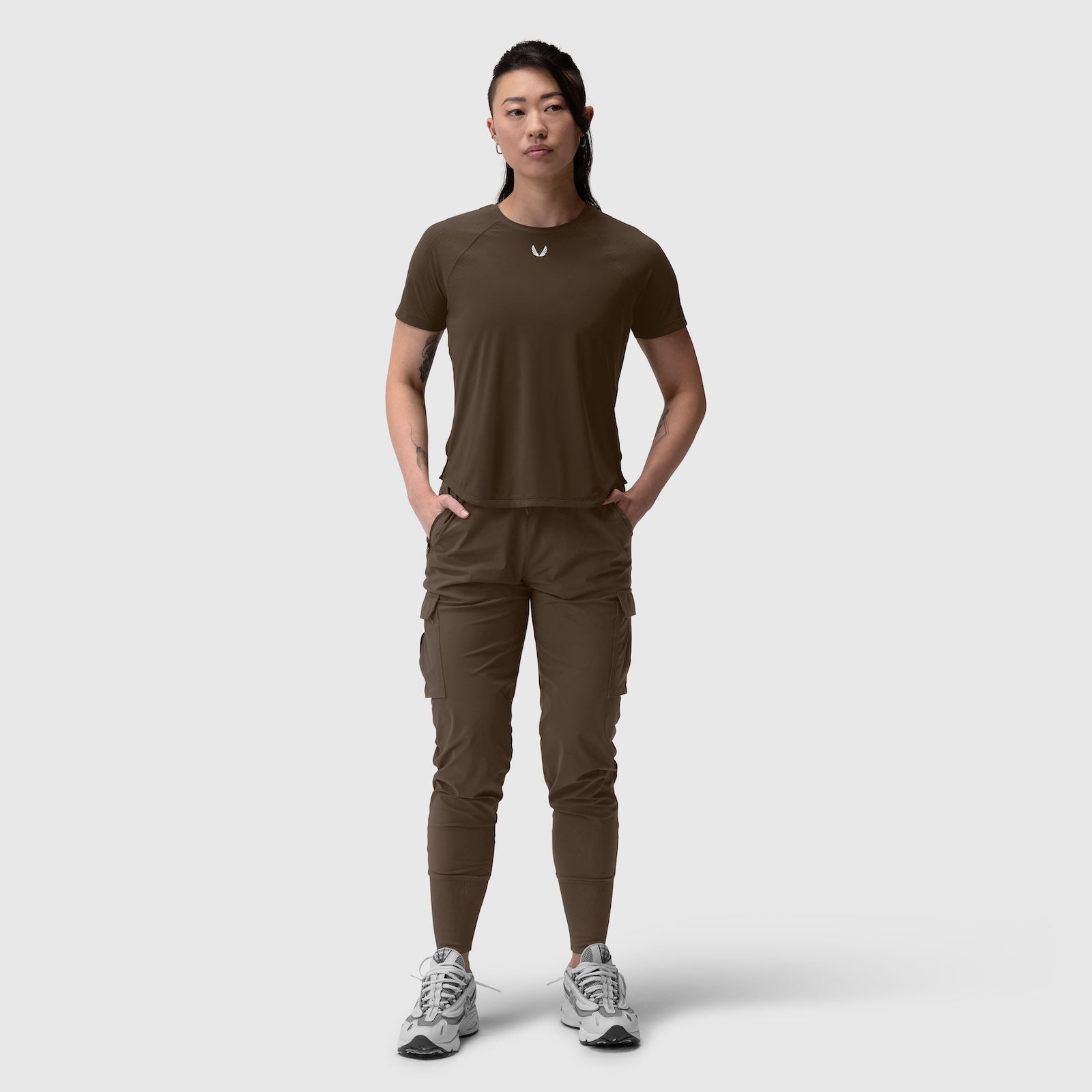 W017 Laser-Vent Established Tee in dark earth with cargo pants, front view on model