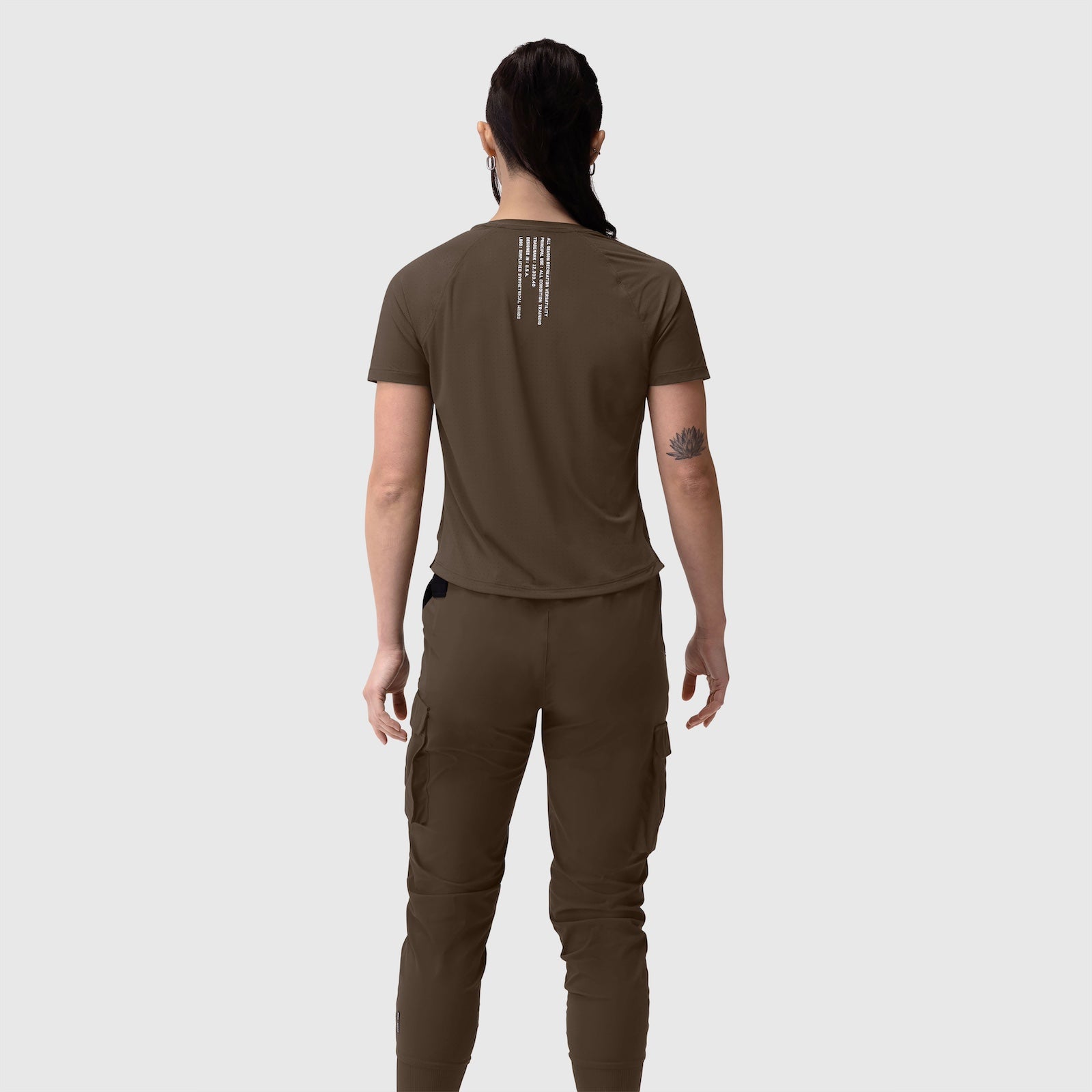 W017. Laser-Vent™ Established Tee in Dark Earth, back view on model with matching cargo pants