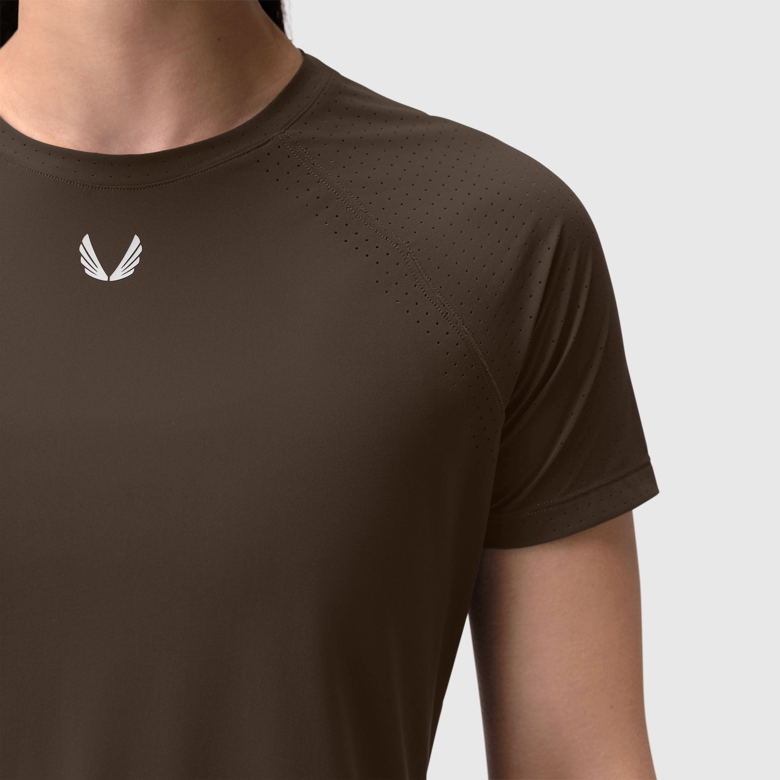 Laser-Vent Established Tee in dark earth worn by model, front view