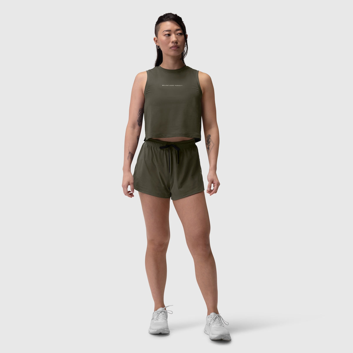 AeroSilver® Tank Top in olive worn with matching shorts, front view on model
