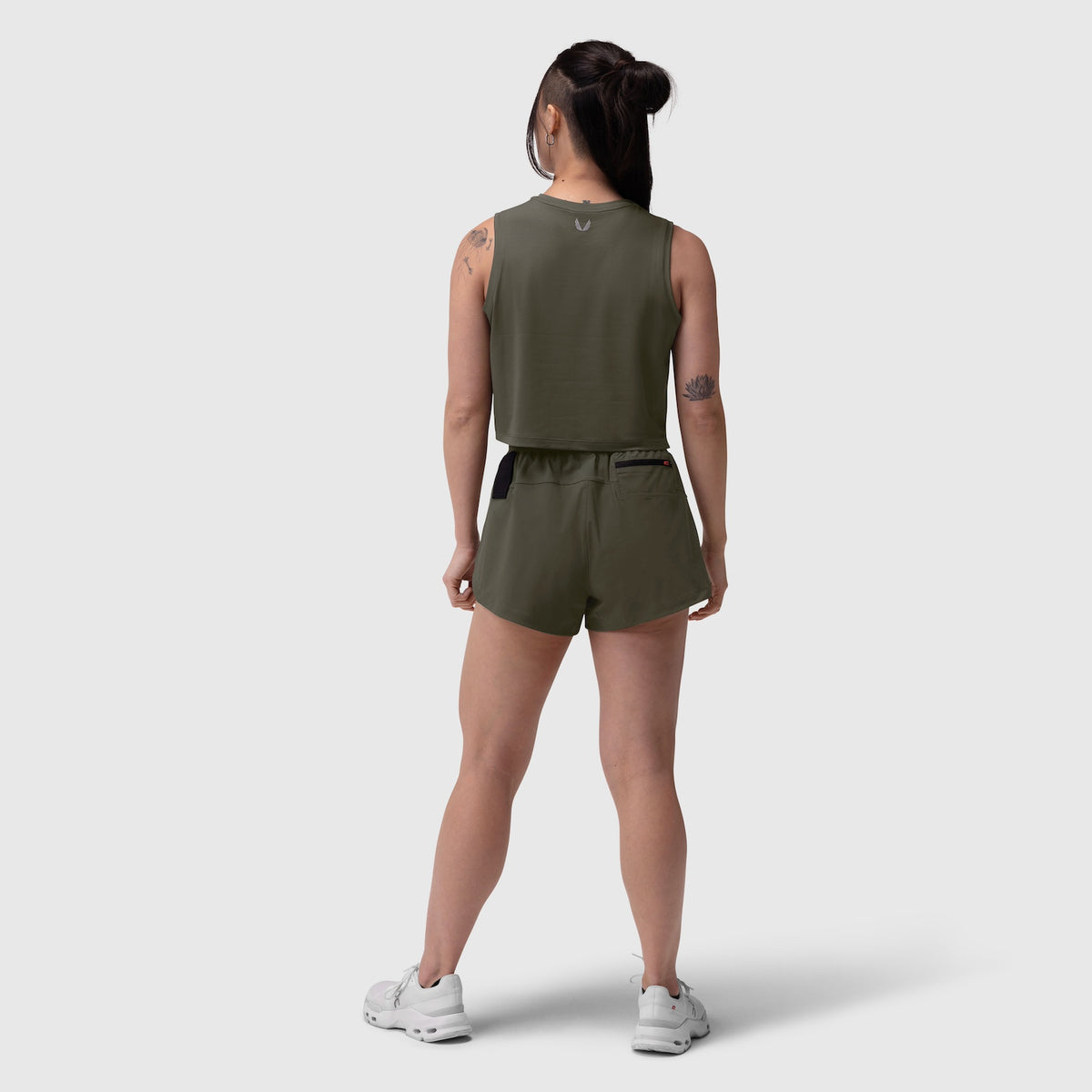 AeroSilver® tank top in olive with matching shorts, back view on model