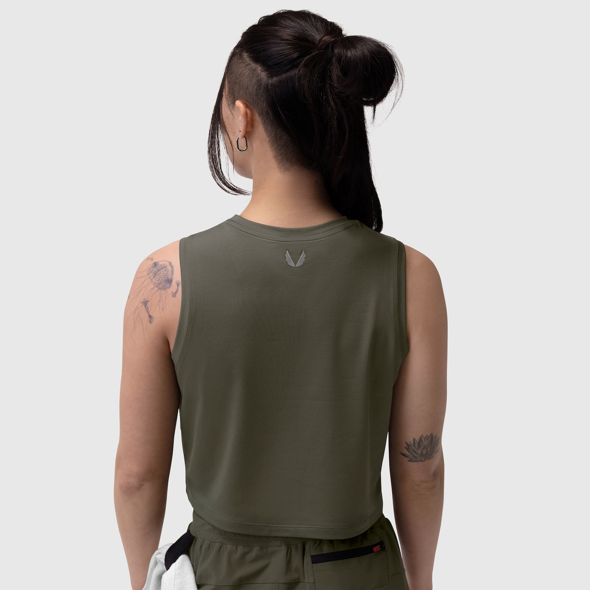 AeroSilver® tank top in olive, worn by model shown from back